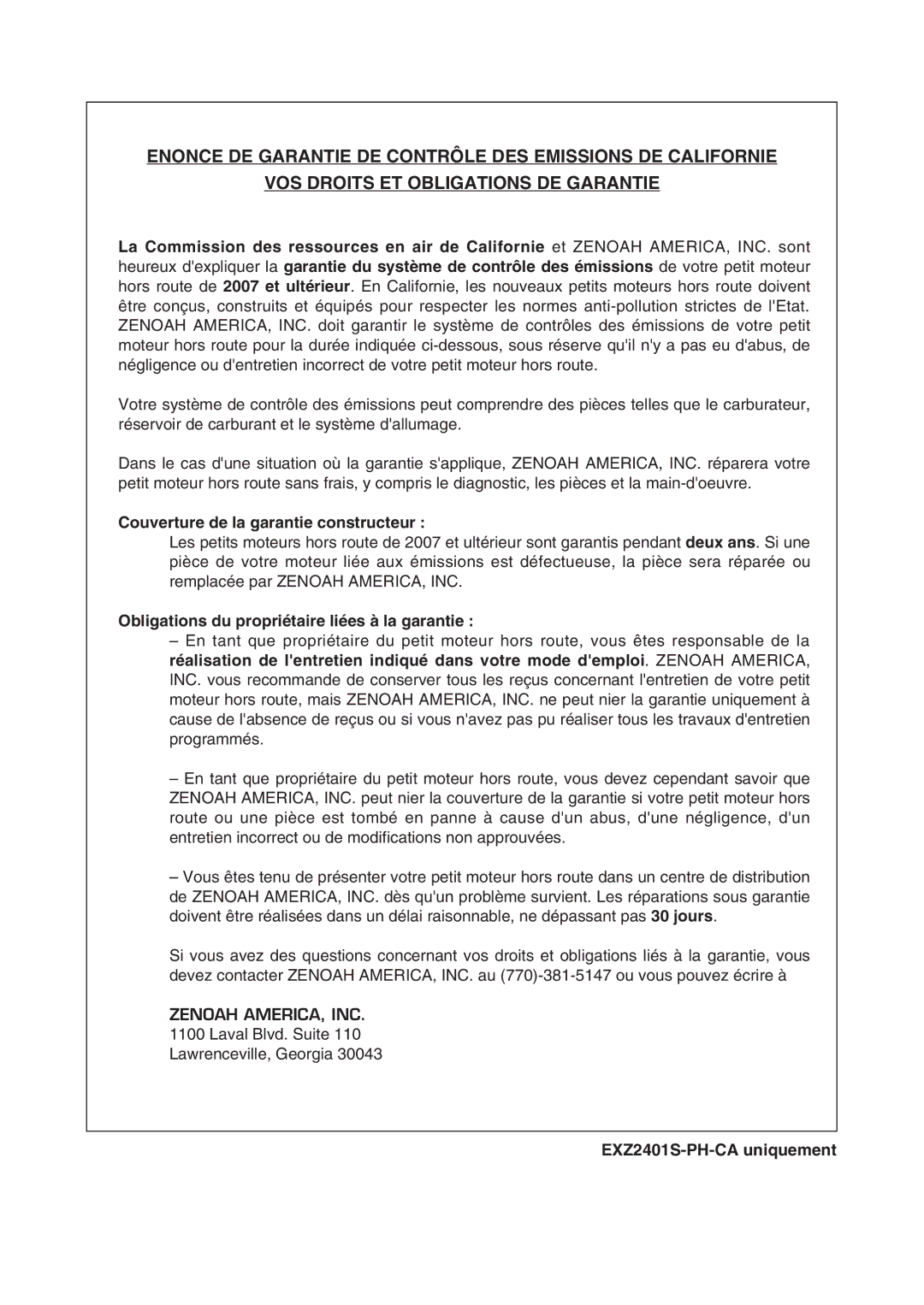 RedMax EXZ2401S-PH-CA manual Couverture de la garantie constructeur, Obligations du propriétaire liées à la garantie 