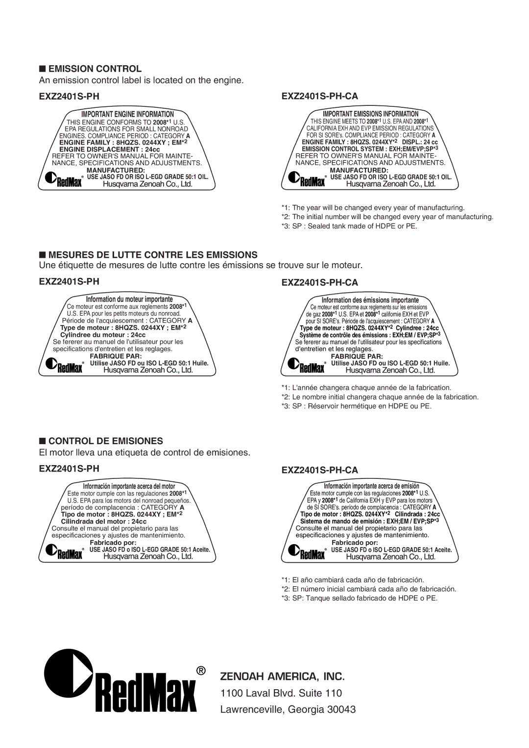 RedMax EXZ2401S-PH-CA manual Emission Control, Mesures DE Lutte Contre LES Emissions, Control DE Emisiones 