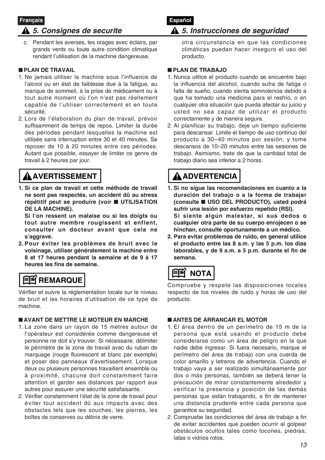 RedMax EXZ2401S-PH-CA manual Plan DE Travail, Plan DE Trabajo, DE LA Machine, Avant DE Mettre LE Moteur EN Marche 