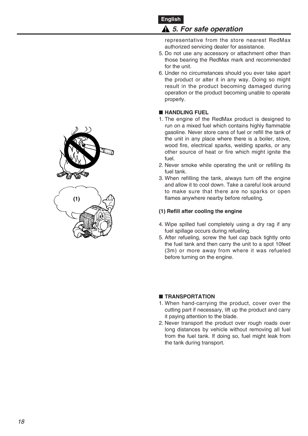 RedMax EXZ2401S-PH-CA manual Handling Fuel, Refill after cooling the engine, Transportation 