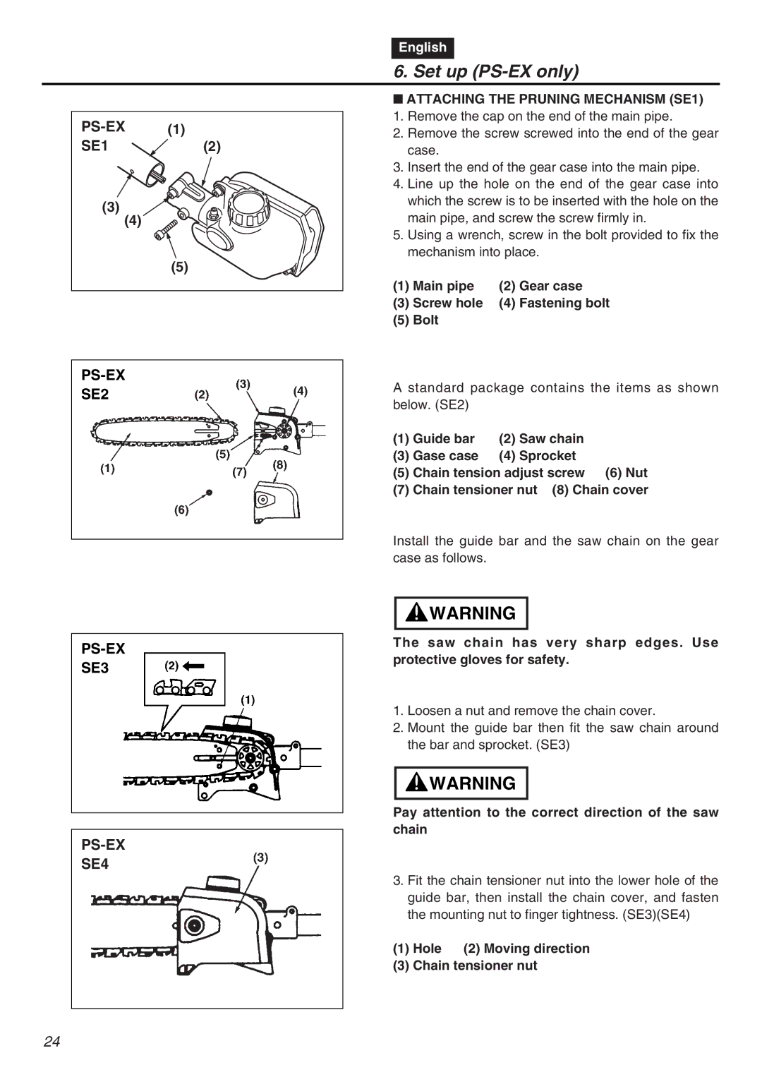 RedMax EXZ2401S-PH-CA Set up PS-EX only, Attaching the Pruning Mechanism SE1, Hole 2 Moving direction Chain tensioner nut 