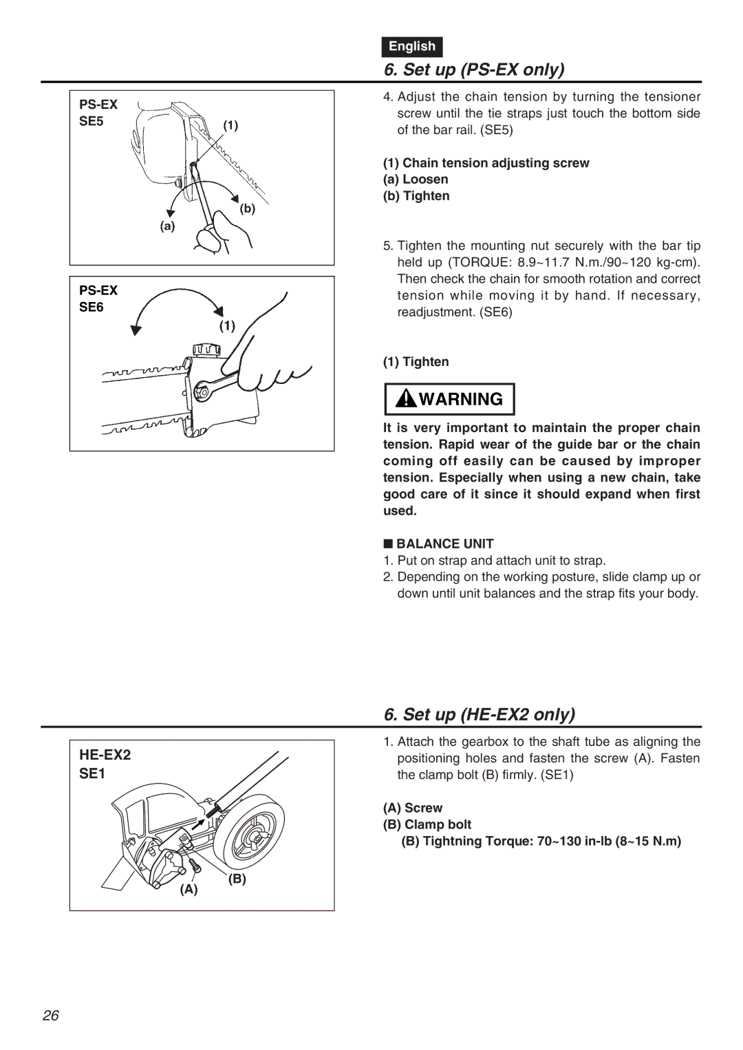 RedMax EXZ2401S-PH-CA manual Set up HE-EX2 only, PS-EX SE5 PS-EX SE6, Chain tension adjusting screw Loosen Tighten 