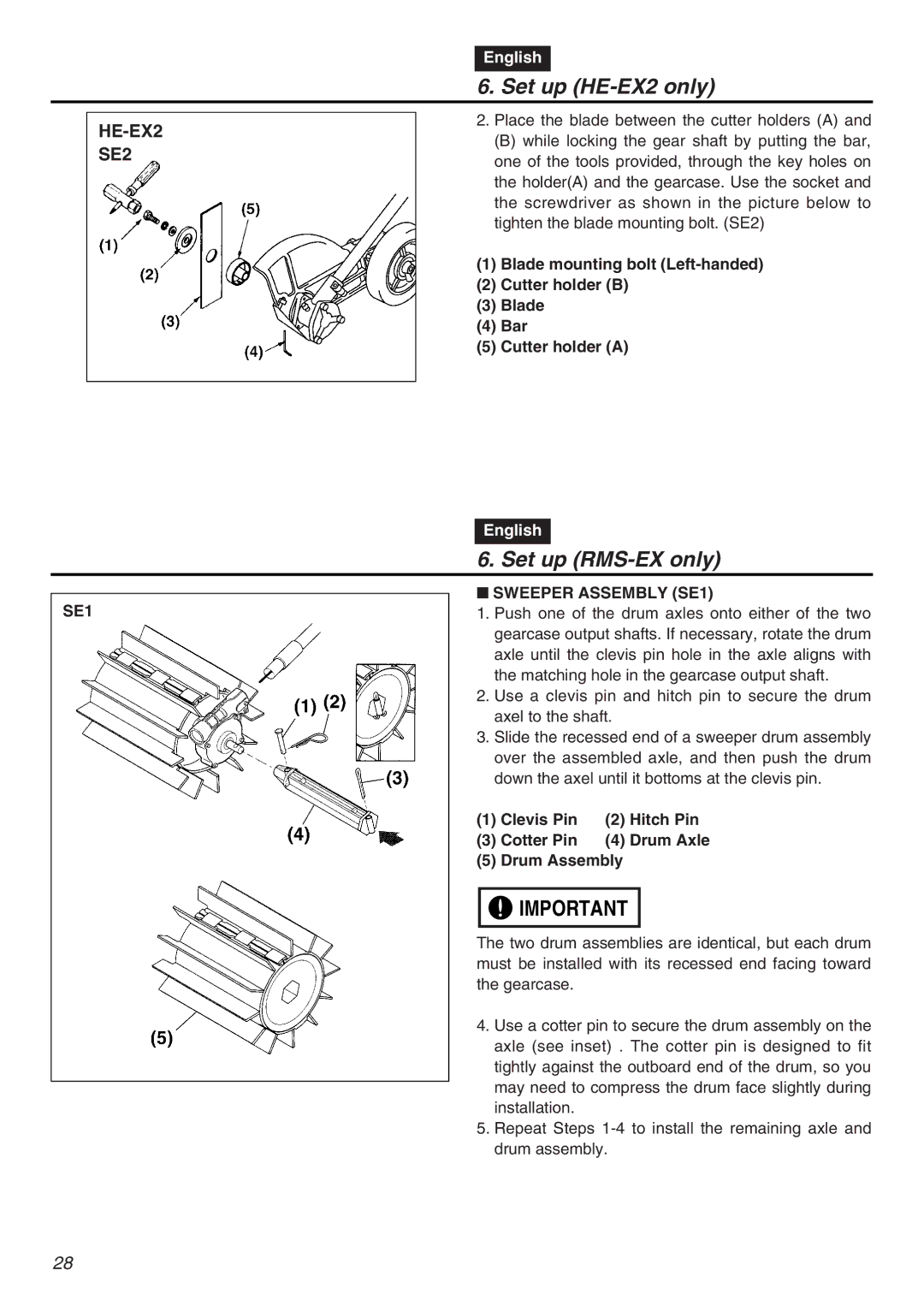 RedMax EXZ2401S-PH-CA Set up RMS-EX only, Sweeper Assembly SE1, Clevis Pin Hitch Pin Cotter Pin Drum Axle Drum Assembly 