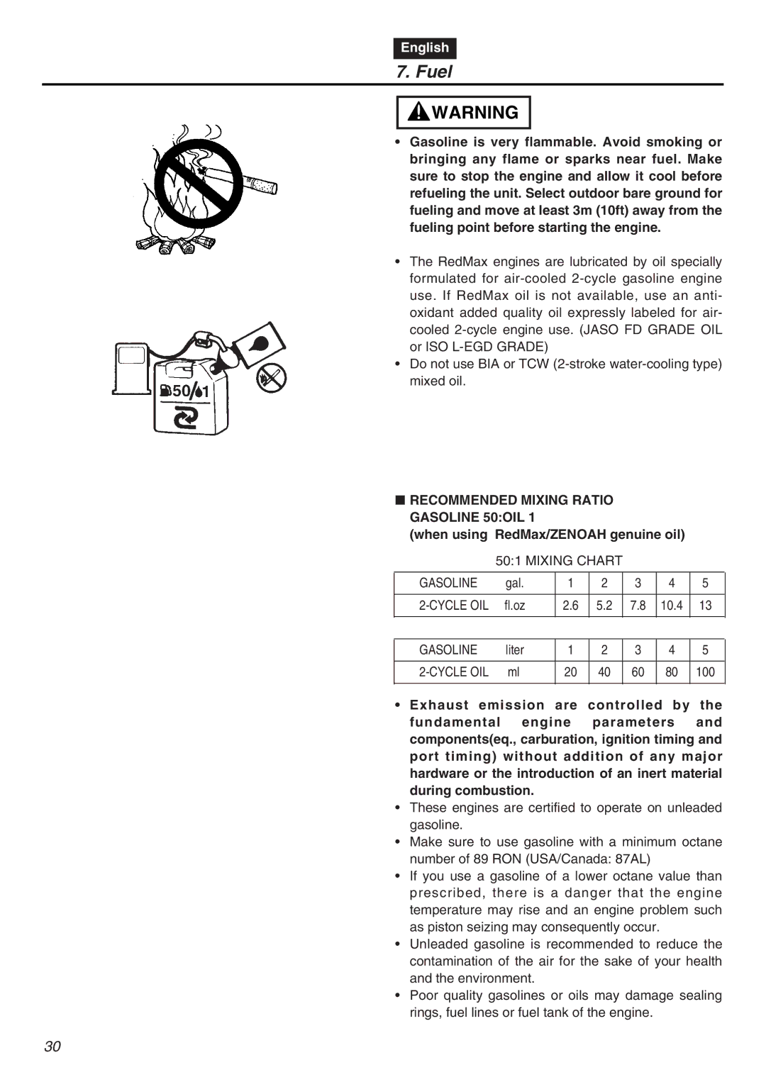 RedMax EXZ2401S-PH-CA manual Fuel, Recommended Mixing Ratio Gasoline 50OIL, When using RedMax/ZENOAH genuine oil 