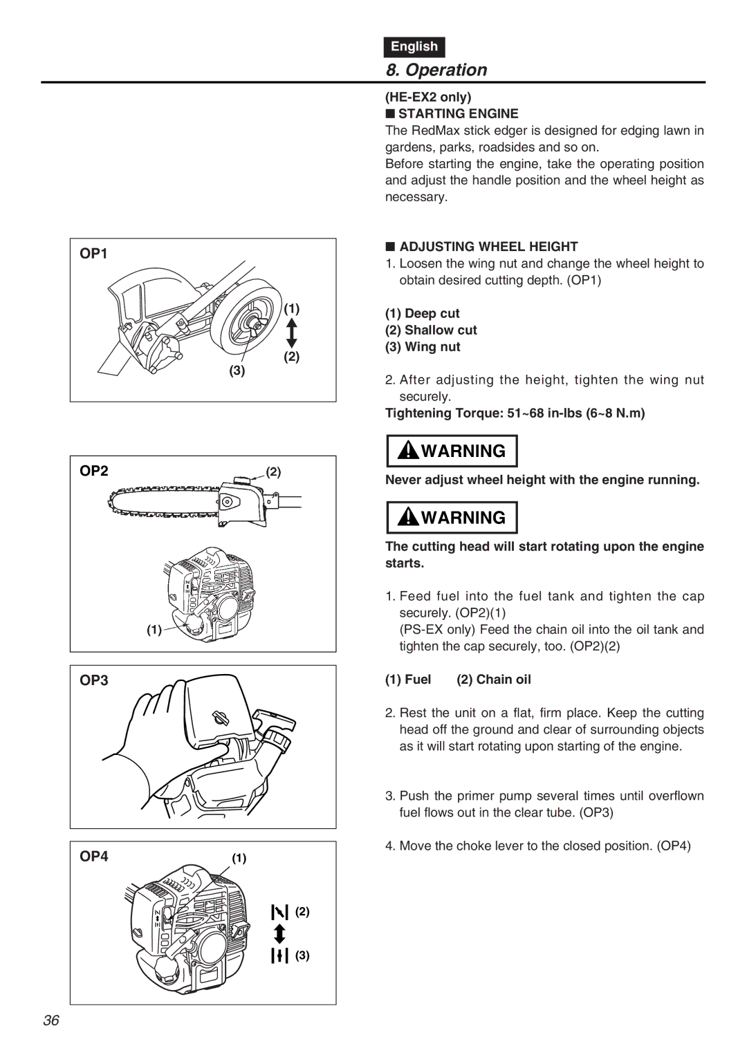 RedMax EXZ2401S-PH-CA manual Operation, Starting Engine, Adjusting Wheel Height 