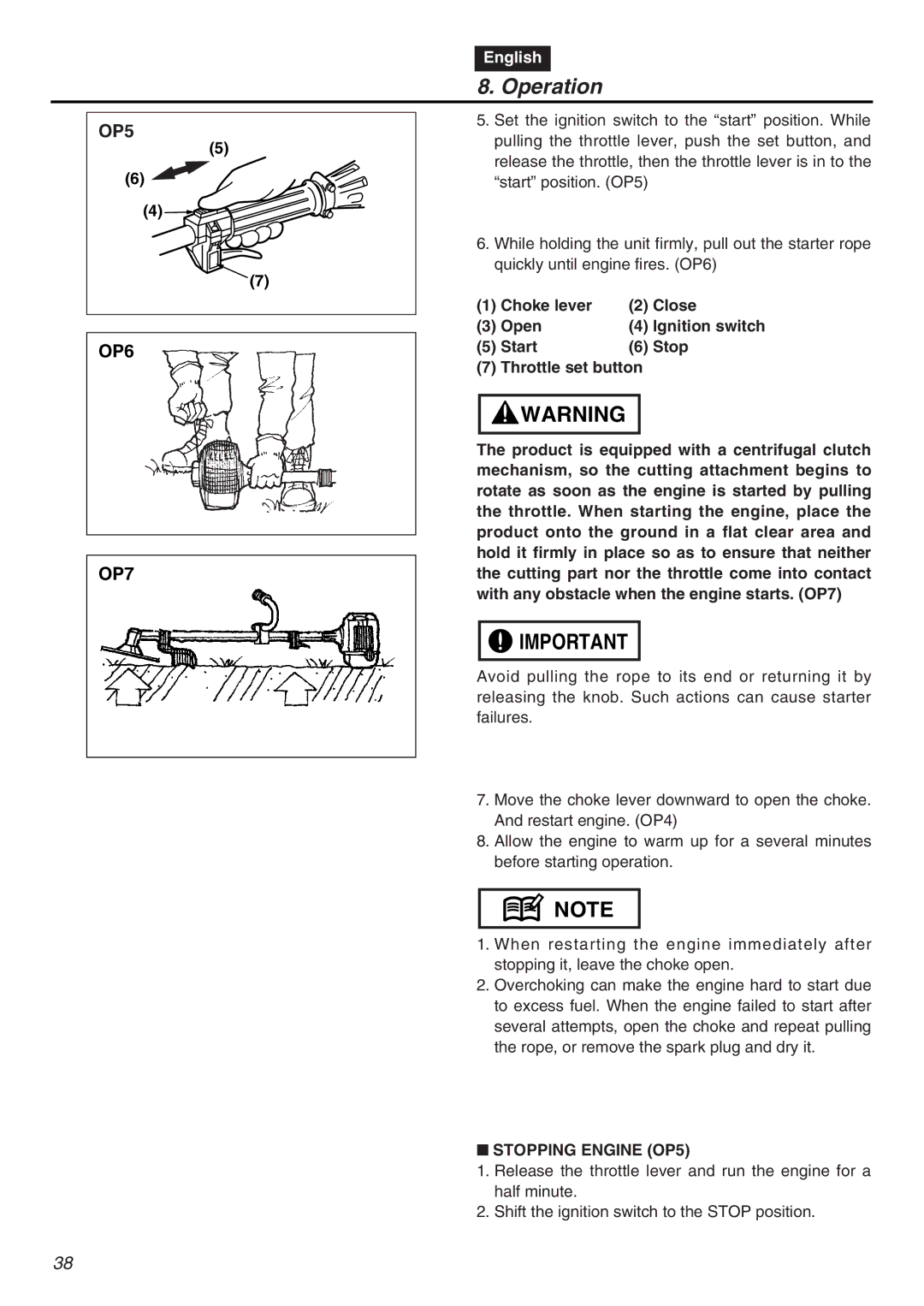 RedMax EXZ2401S-PH-CA manual OP5 OP6 OP7, Stopping Engine OP5 