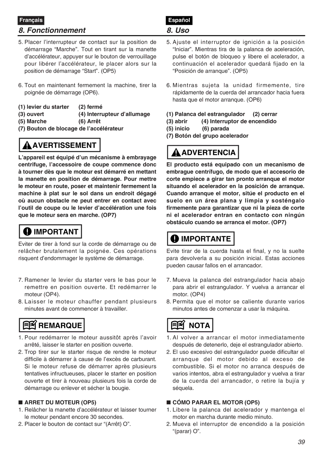 RedMax EXZ2401S-PH-CA manual Palanca del estrangulador 2 cerrar, Arret DU Moteur OP5, Cómo Parar EL Motor OP5 