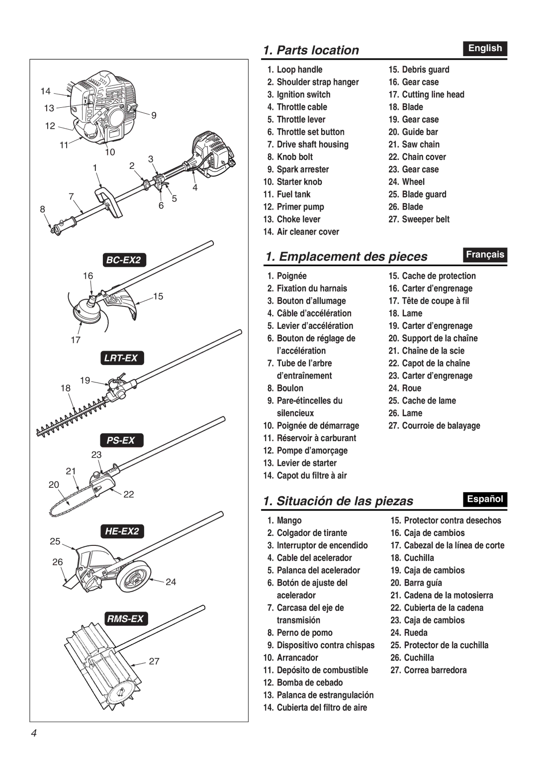 RedMax EXZ2401S-PH-CA manual Parts location, Emplacement des pieces, Situación de las piezas 