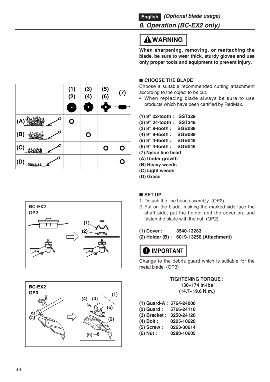 RedMax EXZ2401S-PH-CA manual Choose the Blade, OP2, BC-EX2 OP3 SET UP, Tightening Torque 