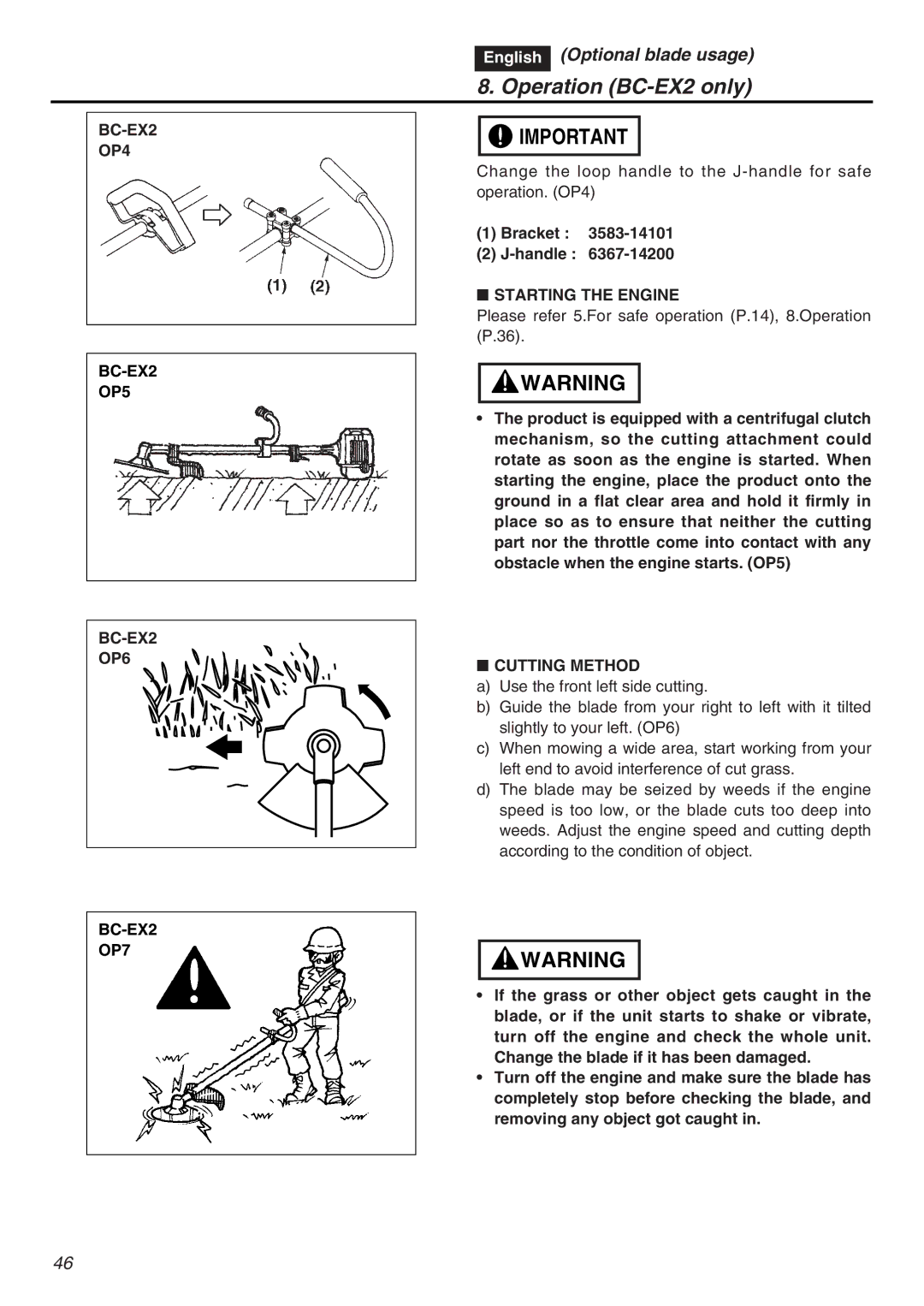 RedMax EXZ2401S-PH-CA manual BC-EX2 OP4 BC-EX2 OP5 BC-EX2 OP6 BC-EX2 OP7, Bracket Handle, Cutting Method 