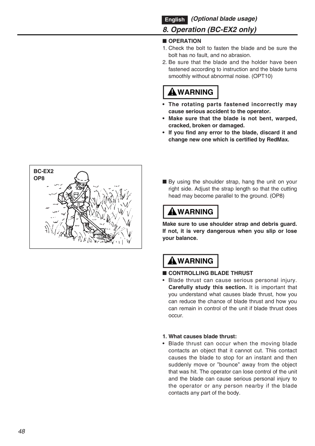 RedMax EXZ2401S-PH-CA manual BC-EX2 OP8, Operation, Controlling Blade Thrust, What causes blade thrust 