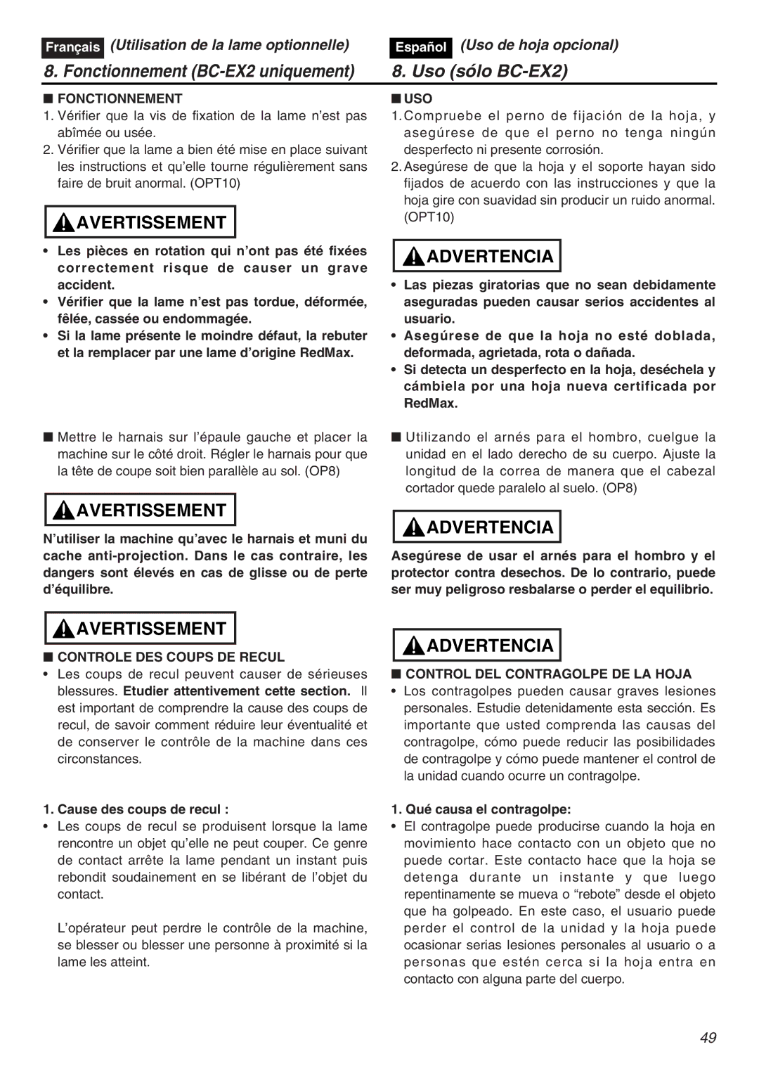 RedMax EXZ2401S-PH-CA manual Fonctionnement, Uso, Controle DES Coups DE Recul, Control DEL Contragolpe DE LA Hoja 