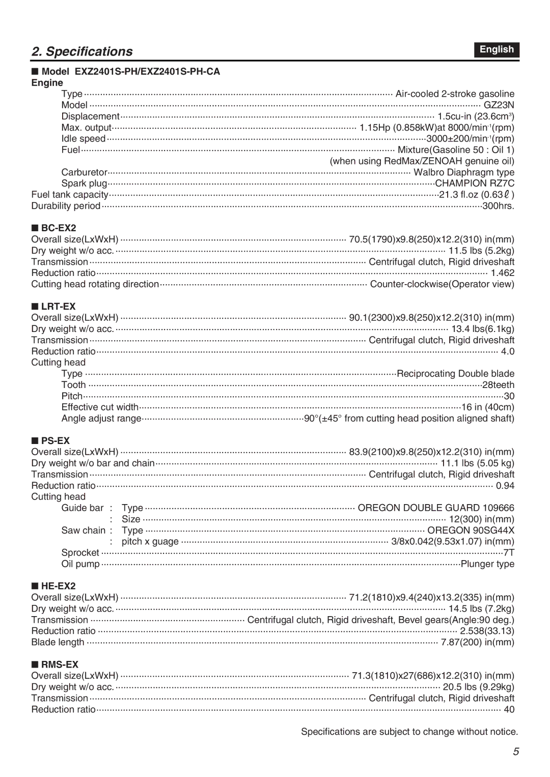 RedMax EXZ2401S-PH-CA manual Specifications, Lrt-Ex, Ps-Ex, Rms-Ex 