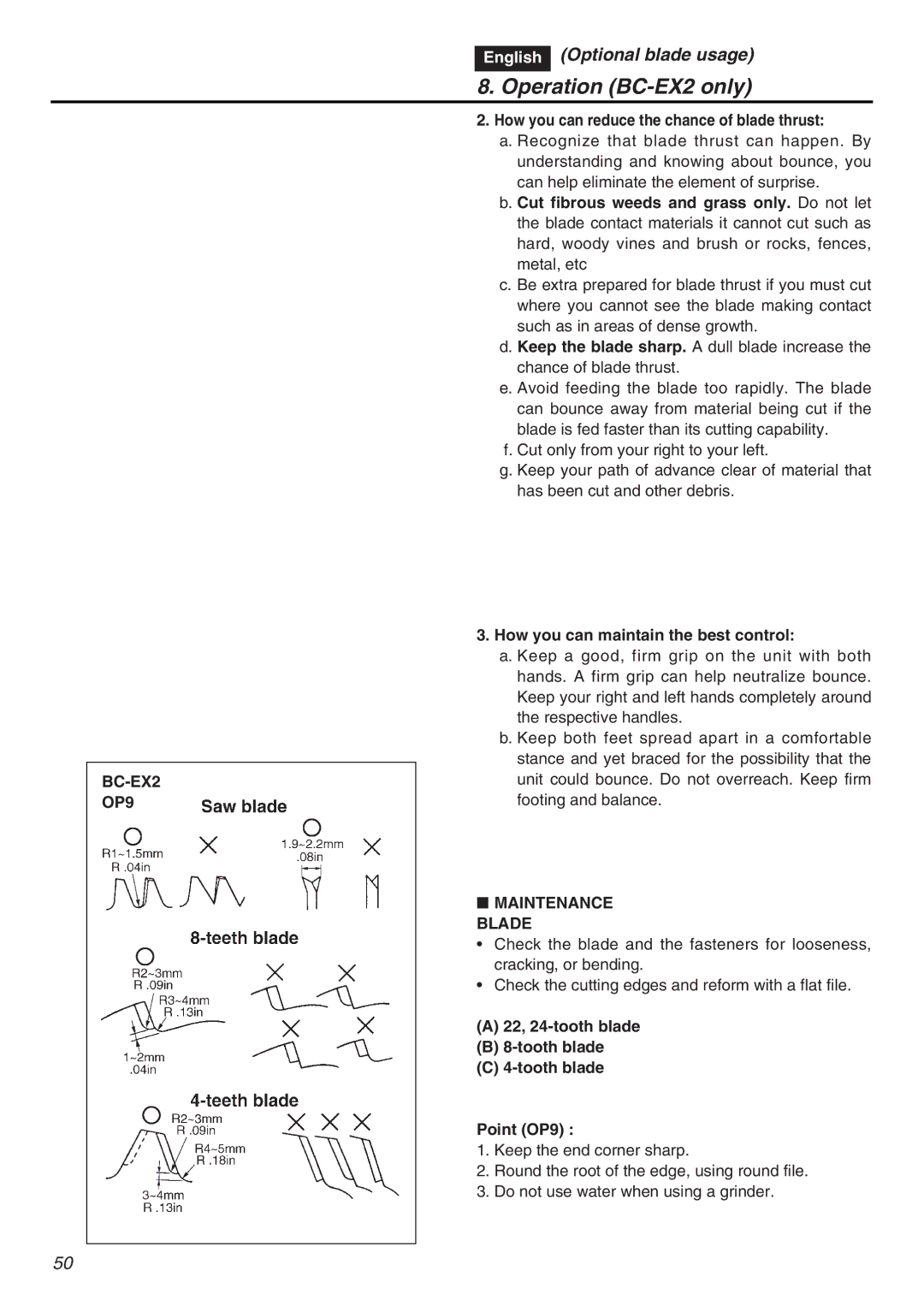 RedMax EXZ2401S-PH-CA BC-EX2 OP9, How you can reduce the chance of blade thrust, How you can maintain the best control 