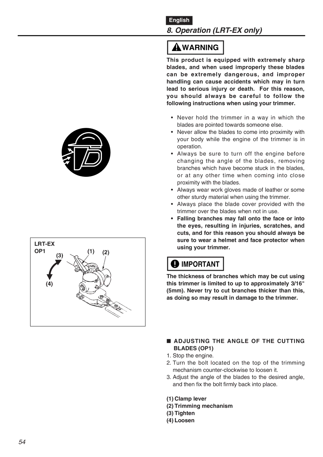 RedMax EXZ2401S-PH-CA manual Operation LRT-EX only, LRT-EX OP1, Adjusting the Angle of the Cutting Blades OP1 