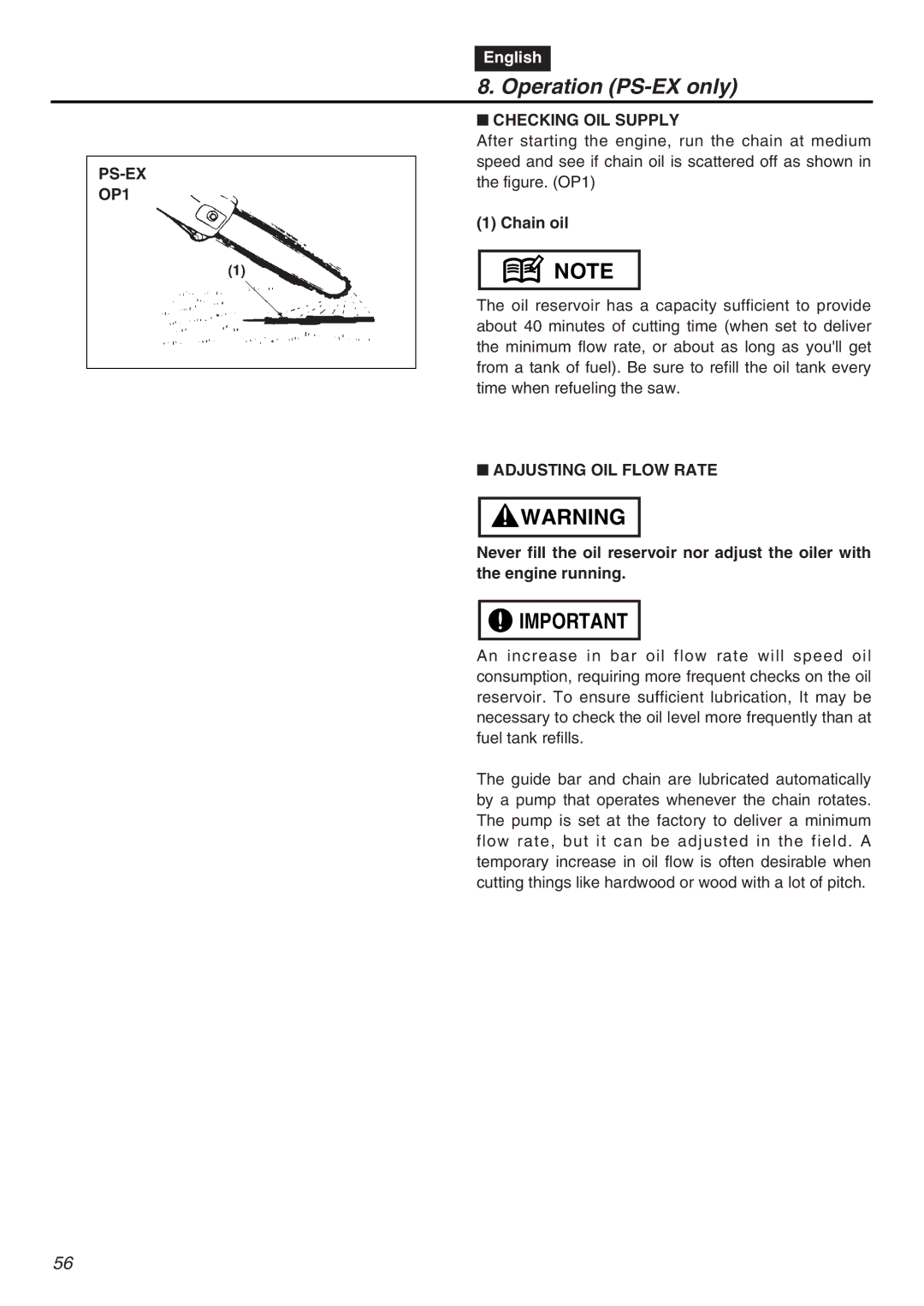 RedMax EXZ2401S-PH-CA manual Operation PS-EX only, PS-EX OP1, Checking OIL Supply, Adjusting OIL Flow Rate 