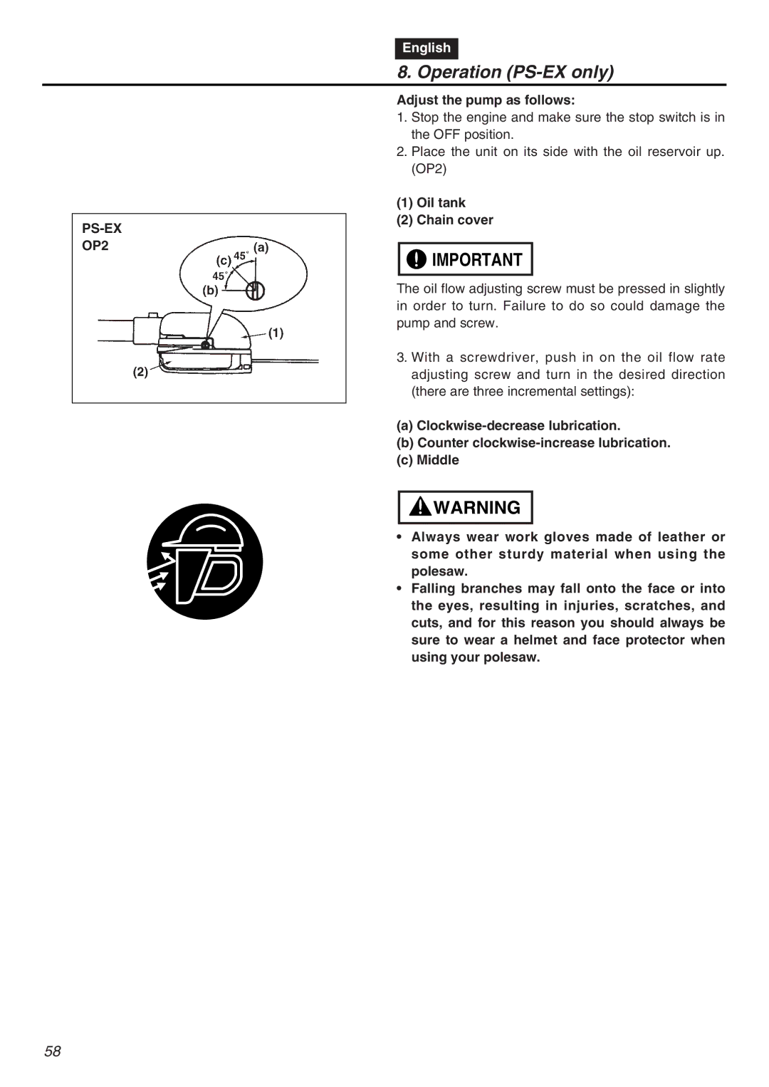 RedMax EXZ2401S-PH-CA manual PS-EX OP2, Adjust the pump as follows, Oil tank Chain cover 