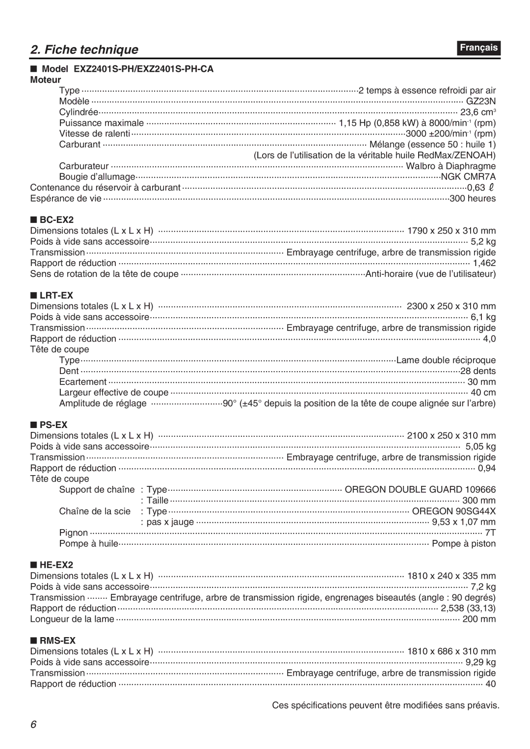 RedMax manual Fiche technique, Model EXZ2401S-PH/EXZ2401S-PH-CA Moteur 