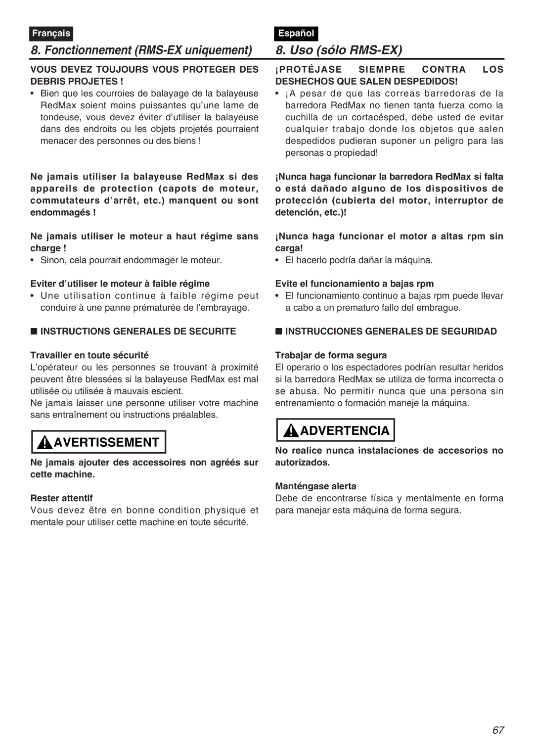 RedMax EXZ2401S-PH-CA manual Instructions Generales DE Securite, Instrucciones Generales DE Seguridad 