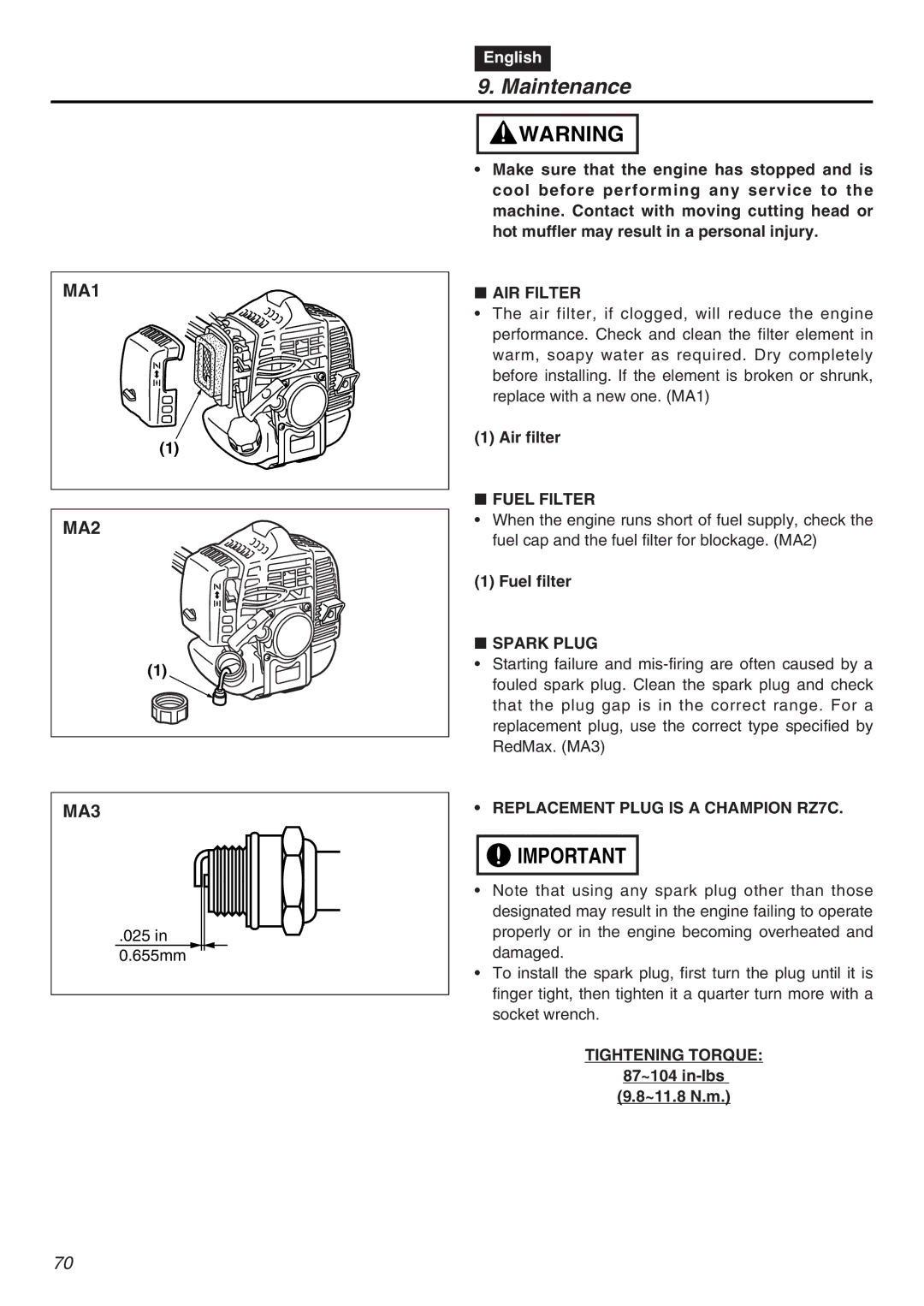 RedMax EXZ2401S-PH-CA manual AIR Filter, Fuel Filter, Spark Plug, Replacement Plug is a Champion RZ7C 