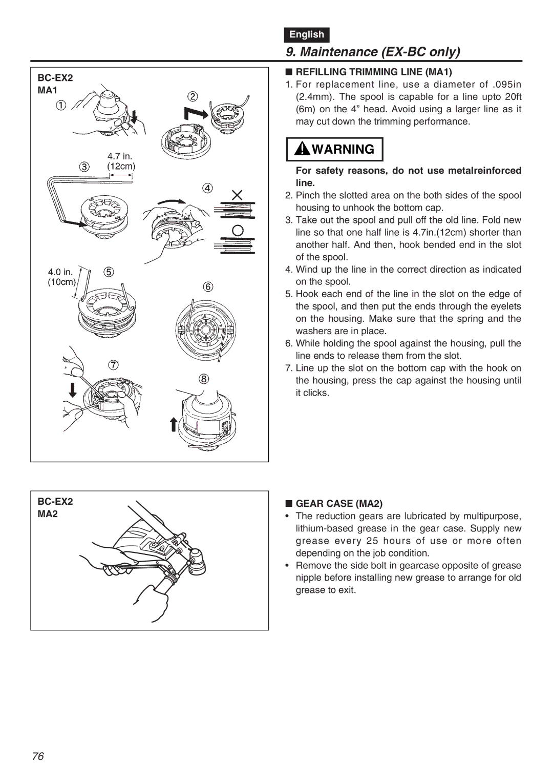 RedMax EXZ2401S-PH-CA manual Maintenance EX-BC only, BC-EX2 MA1 BC-EX2 MA2, Refilling Trimming Line MA1, Gear Case MA2 