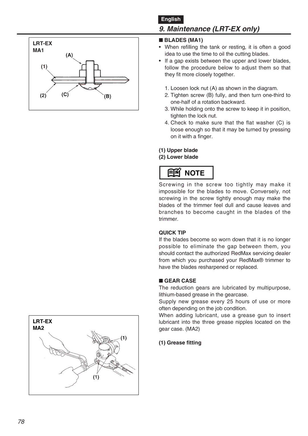 RedMax EXZ2401S-PH-CA manual Maintenance LRT-EX only, LRT-EX MA1 LRT-EX MA2, Blades MA1, Quick TIP, Gear Case 