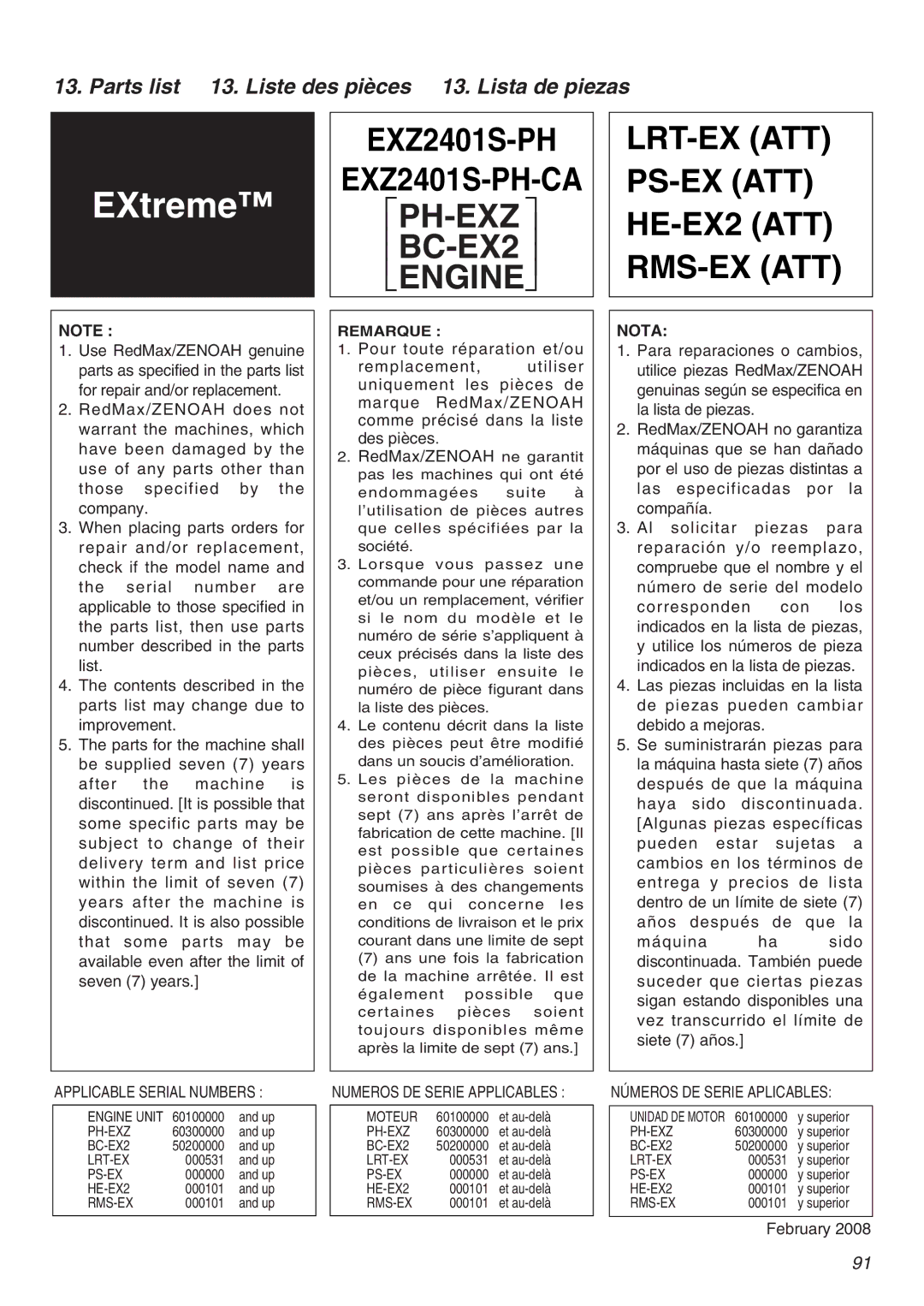 RedMax EXZ2401S-PH-CA manual Parts list 13. Liste des pièces 13. Lista de piezas, Nota 
