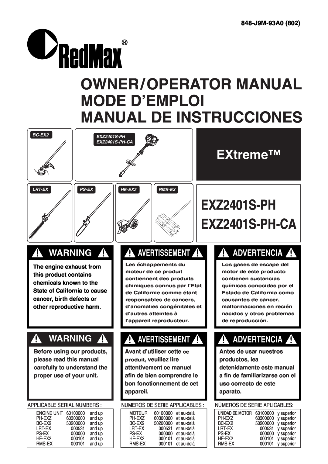 RedMax manual EXtreme, EXZ2401S-PH EXZ2401S-PH-CA, 848-J9M-93A0, Advertencia, Avertissement 