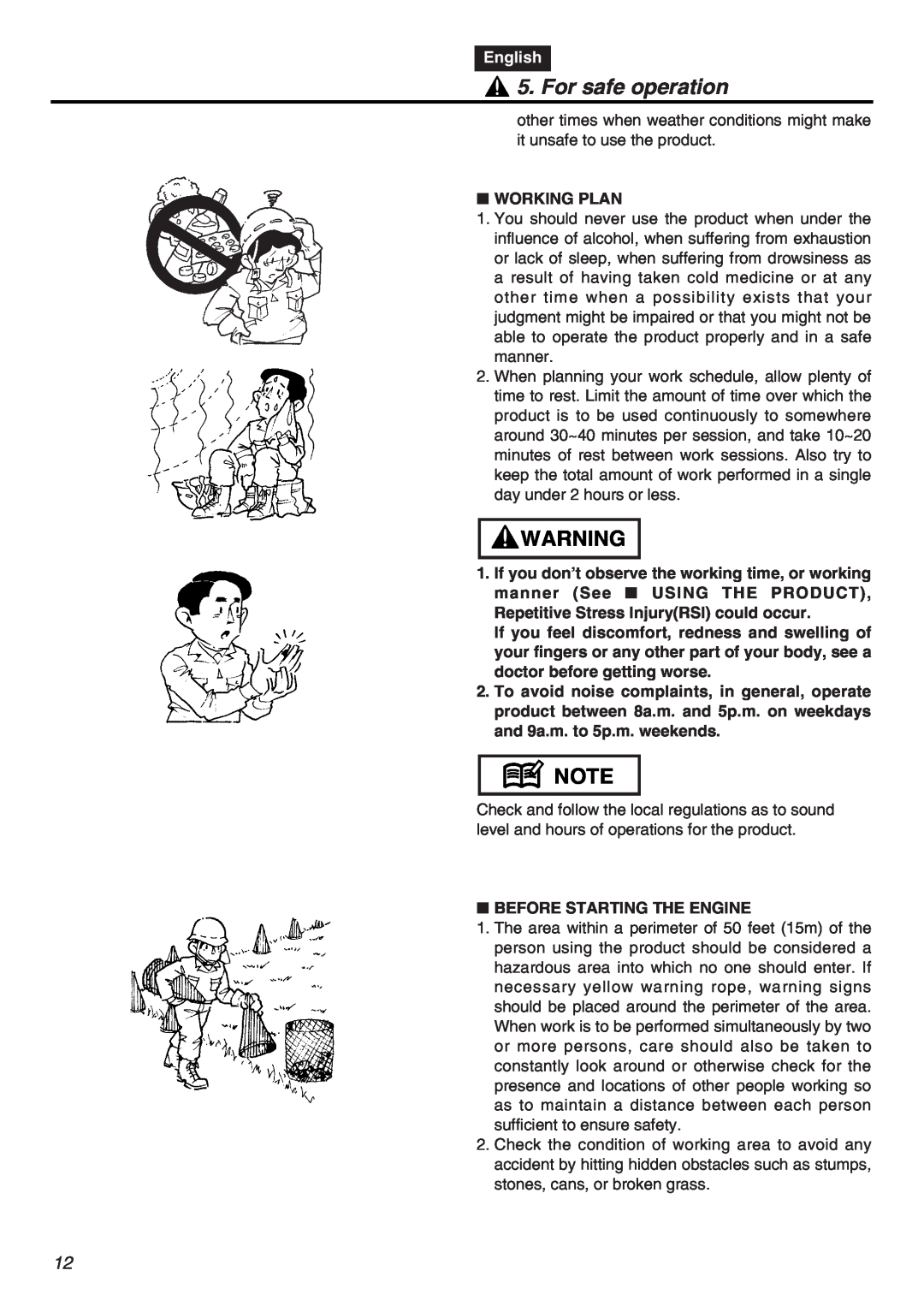 RedMax EXZ2401S-PH-CA manual For safe operation, English, Working Plan, Repetitive Stress InjuryRSI could occur 
