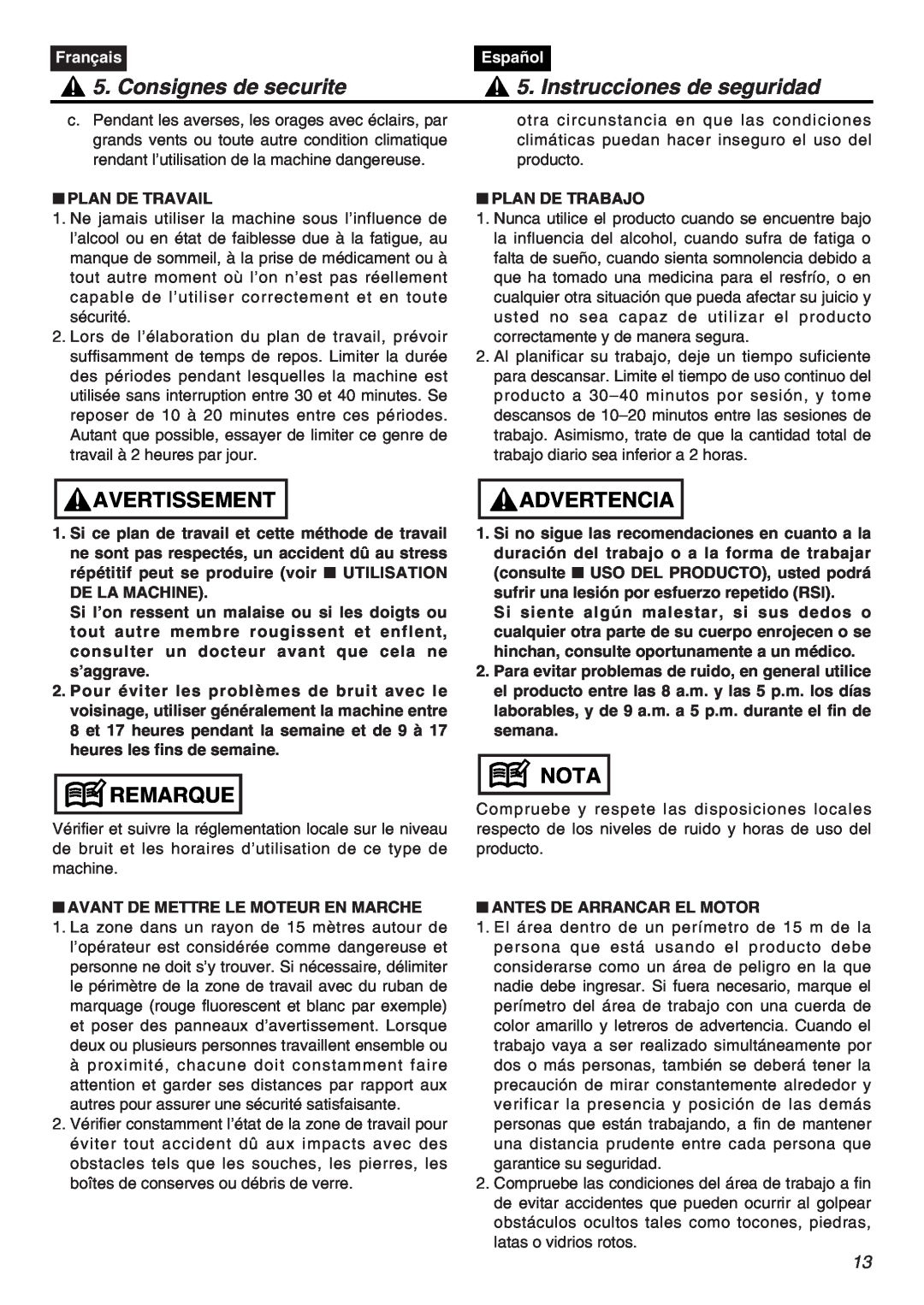 RedMax EXZ2401S-PH Consignes de securite, Instrucciones de seguridad, Avertissement, Remarque, Advertencia, Nota, Français 