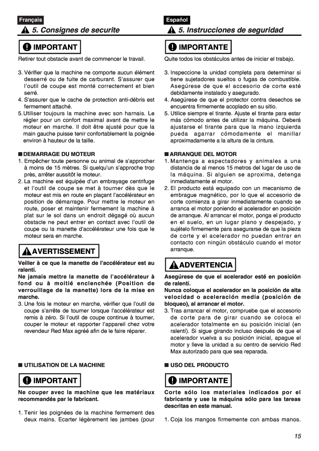 RedMax EXZ2401S-PH Consignes de securite, Instrucciones de seguridad, Avertissement, Importante, Advertencia, Français 