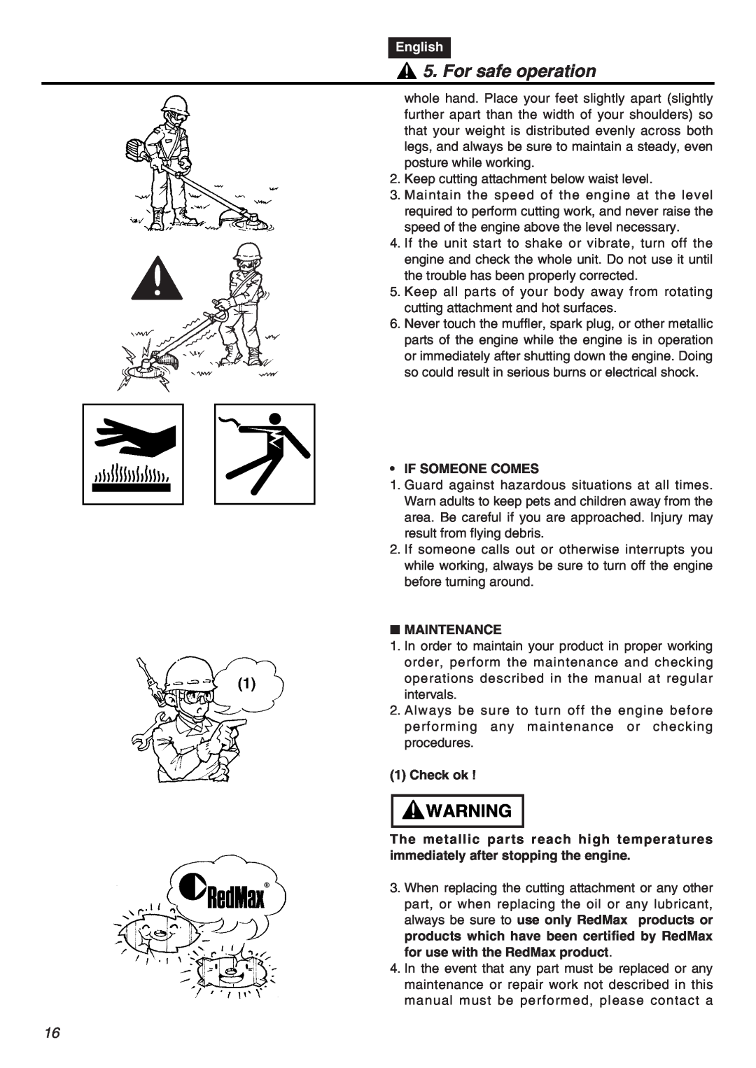 RedMax EXZ2401S-PH-CA manual For safe operation, English, If Someone Comes, Maintenance, Check ok 
