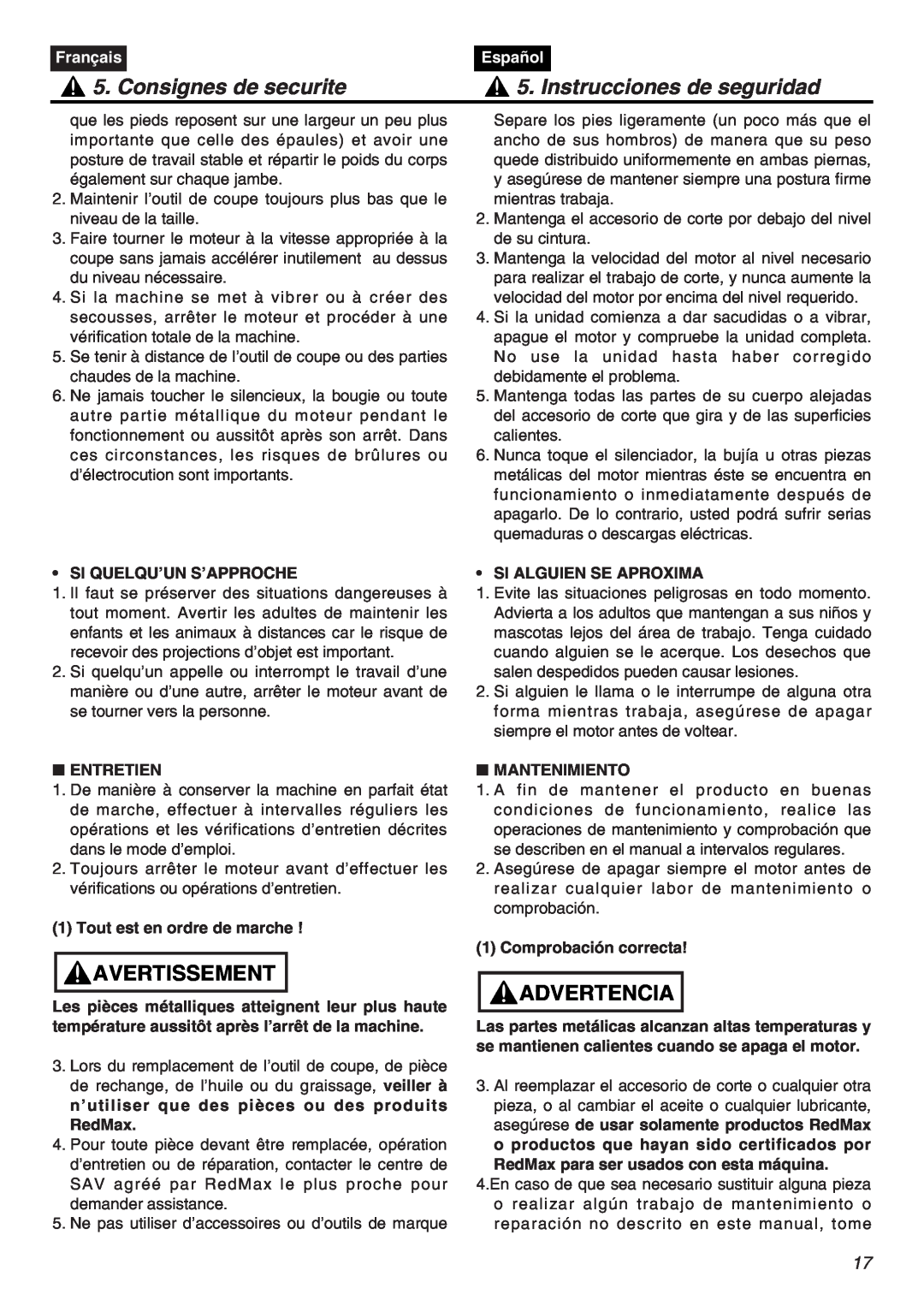 RedMax EXZ2401S-PH manual Consignes de securite, Instrucciones de seguridad, Avertissement, Advertencia, Français, Español 