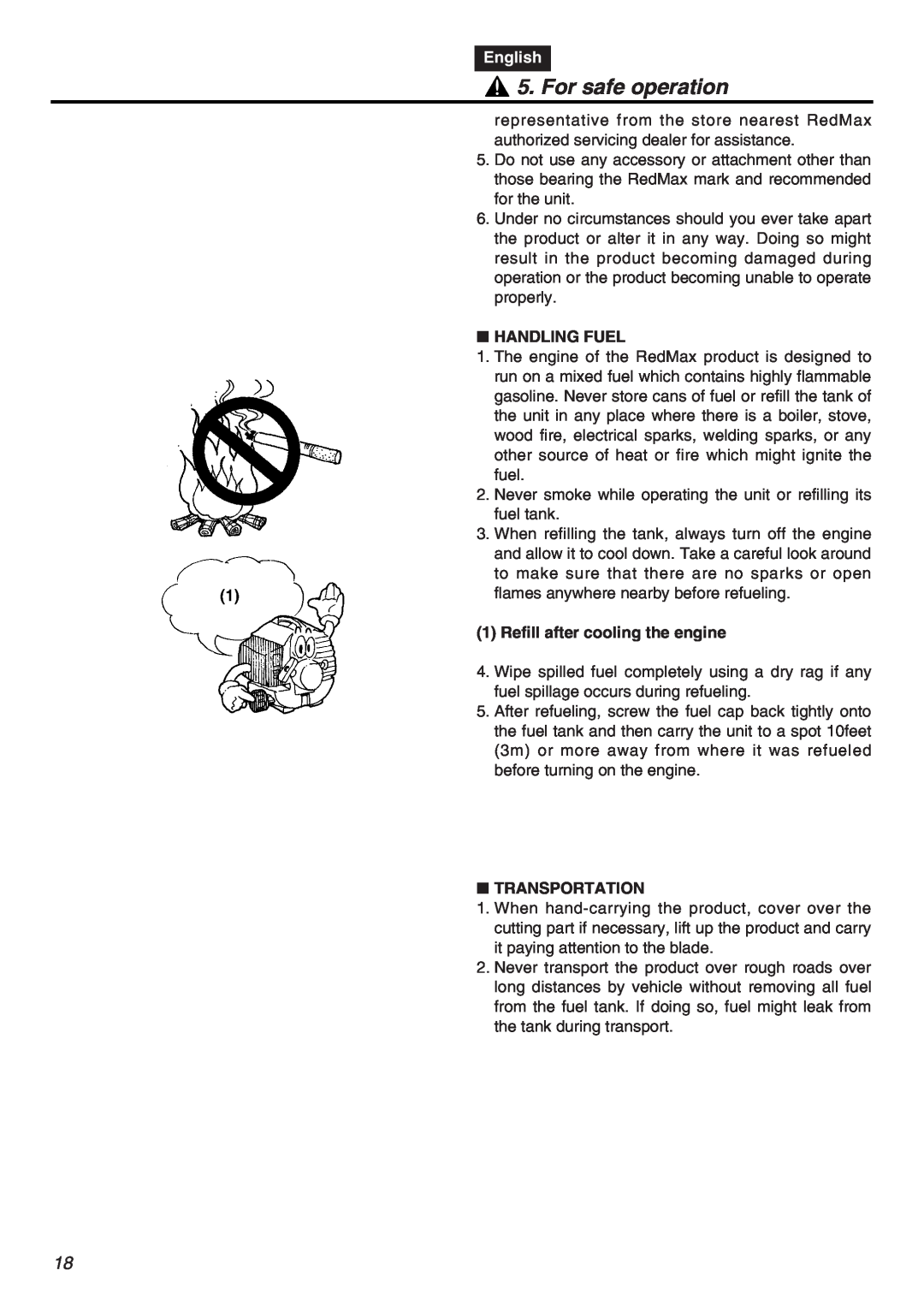 RedMax EXZ2401S-PH-CA manual For safe operation, English, Handling Fuel, Refill after cooling the engine, Transportation 