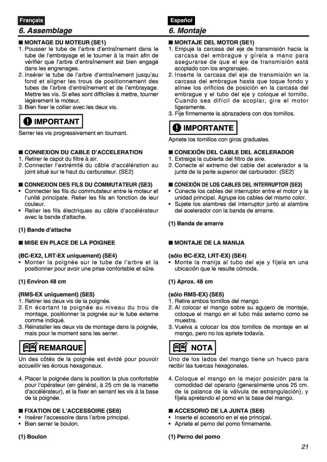 RedMax EXZ2401S-PH-CA manual Assemblage, Montaje, Importante, Remarque, Nota, Français, Español 