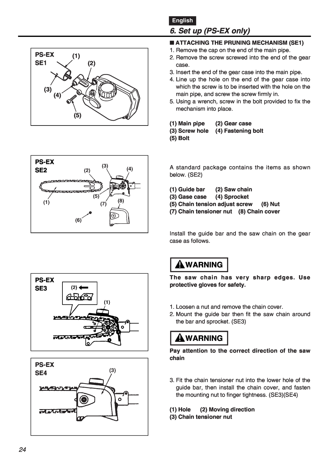 RedMax EXZ2401S-PH-CA manual Set up PS-EX only, Ps-Ex, PS-EX SE2, PS-EX SE3 PS-EX SE4, English 