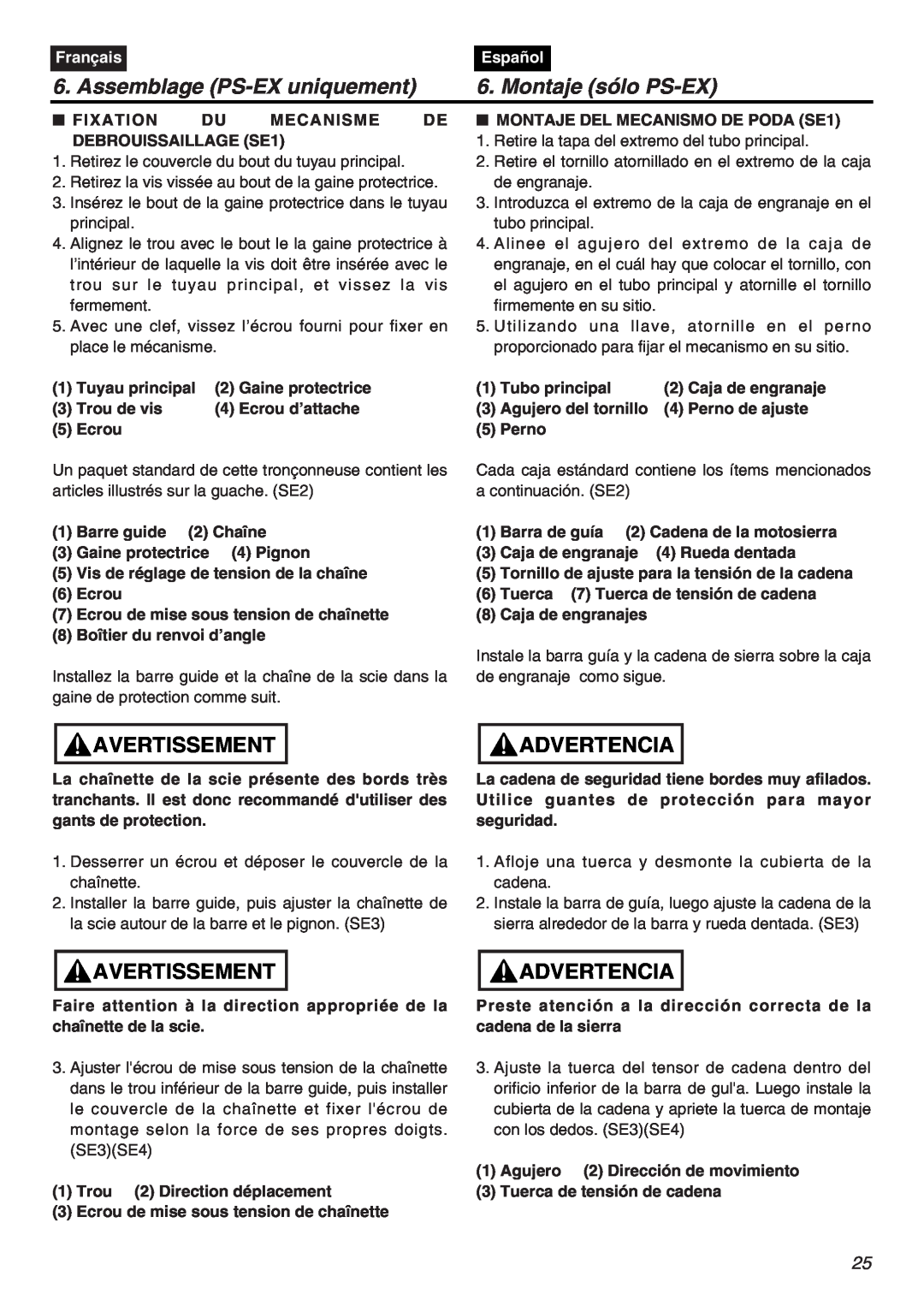 RedMax EXZ2401S-PH manual Assemblage PS-EX uniquement, Montaje sólo PS-EX, Avertissement, Advertencia, Français, Español 
