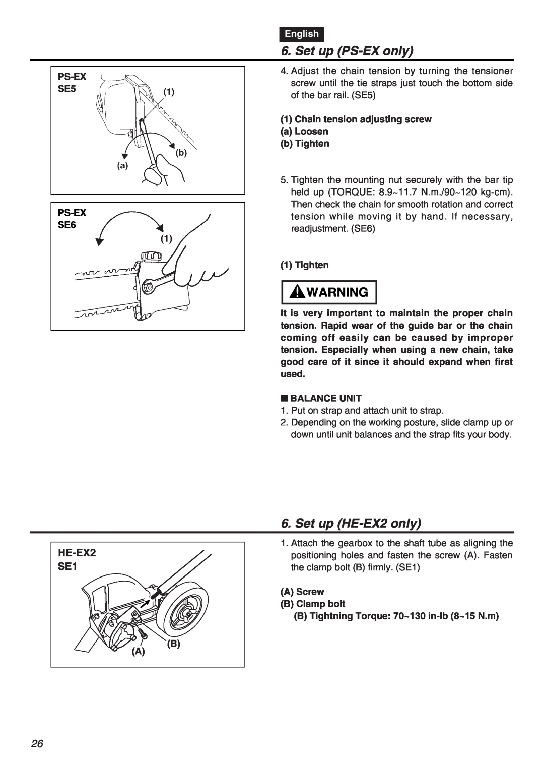 RedMax EXZ2401S-PH-CA manual Set up HE-EX2 only, HE-EX2 SE1, Set up PS-EX only, English 