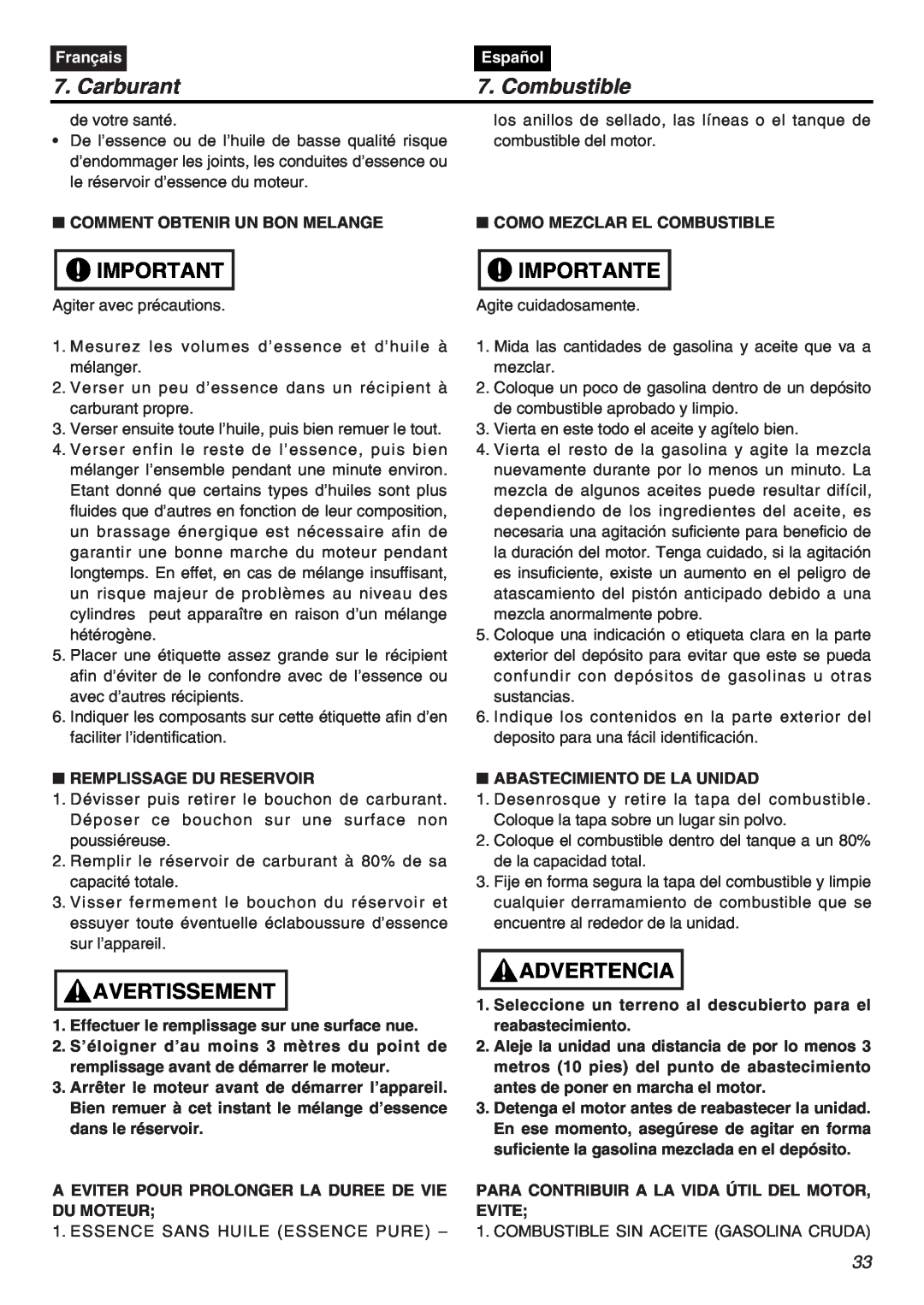 RedMax EXZ2401S-PH-CA manual Carburant, Combustible, Importante, Avertissement, Advertencia, Français, Español 