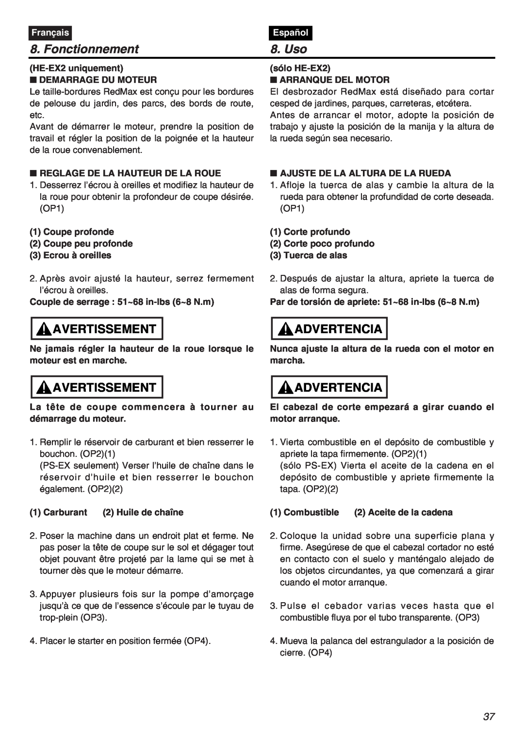 RedMax EXZ2401S-PH-CA manual Fonctionnement, Uso, Avertissement, Advertencia, Français, Español 