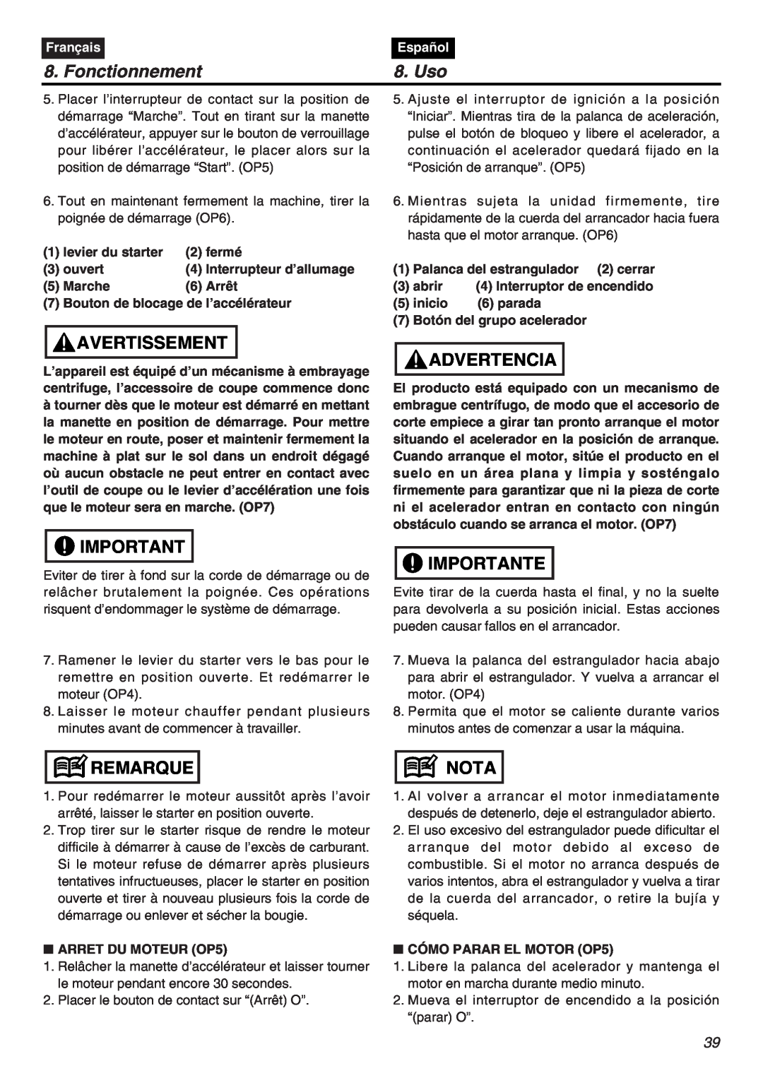 RedMax EXZ2401S-PH manual Fonctionnement, Uso, Avertissement, Advertencia, Importante, Remarque, Nota, Français, Español 