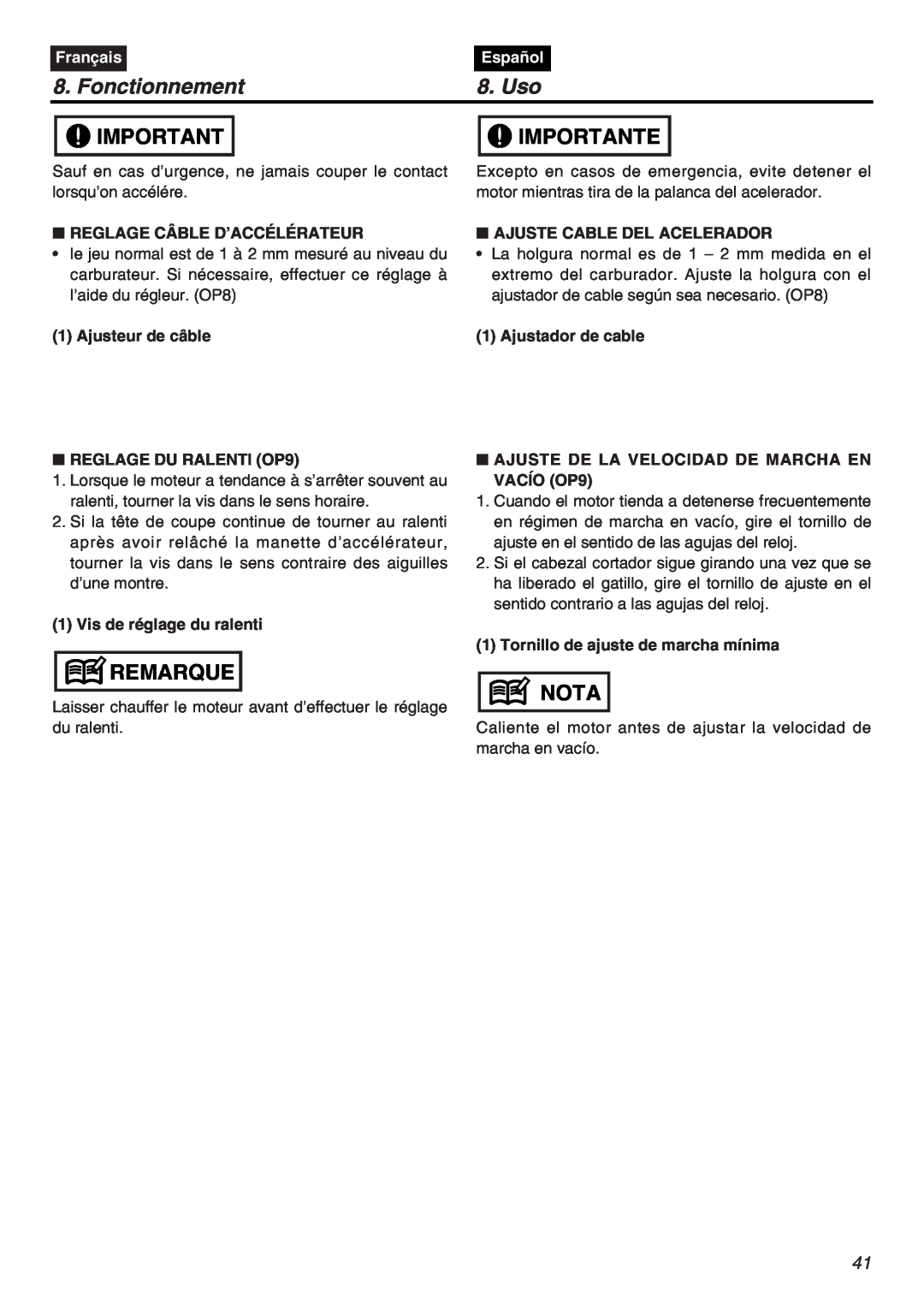 RedMax EXZ2401S-PH-CA manual Fonctionnement, Uso, Importante, Remarque, Nota, Français, Español 