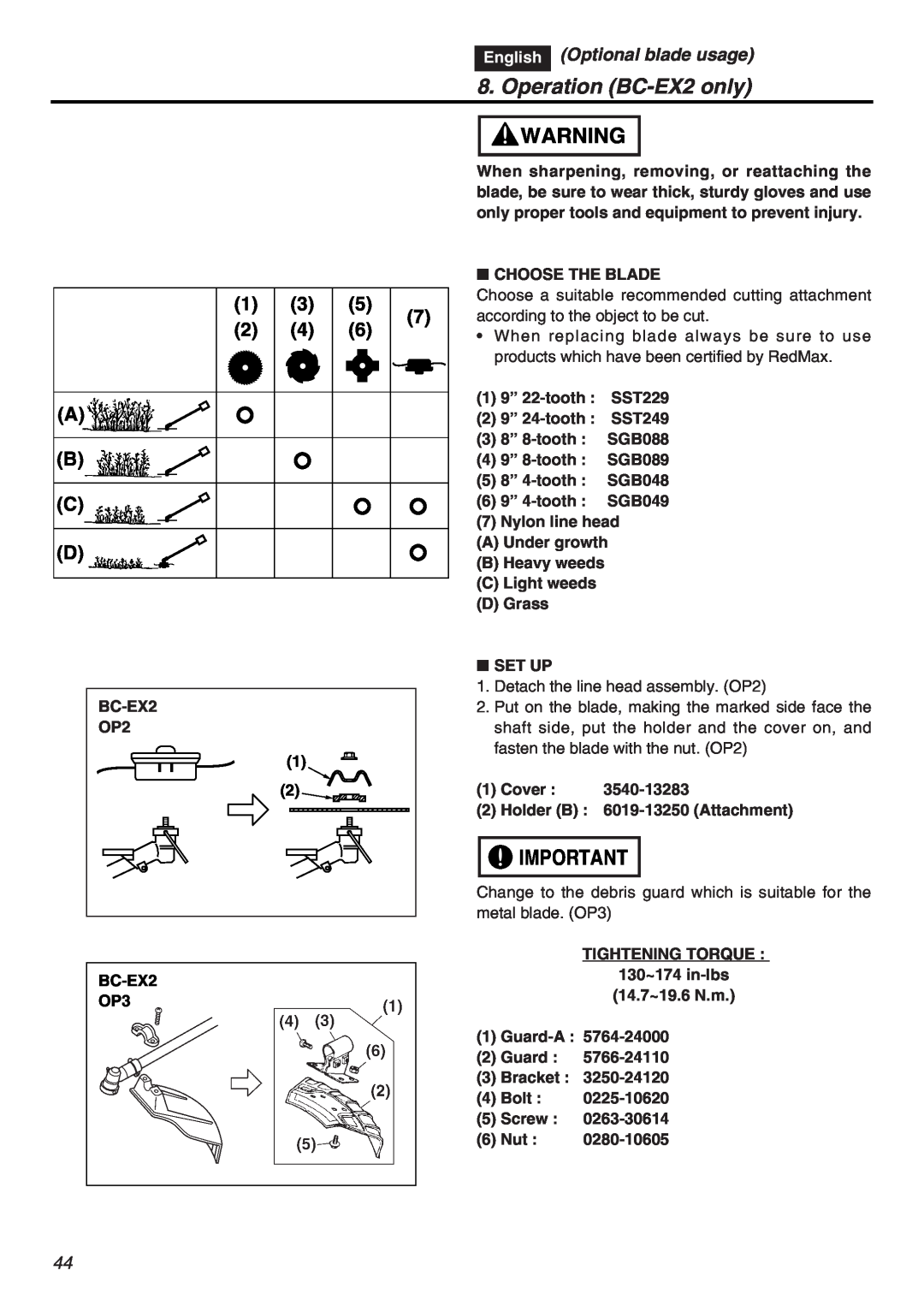 RedMax EXZ2401S-PH-CA manual English Optional blade usage, Operation BC-EX2 only, A B C D 