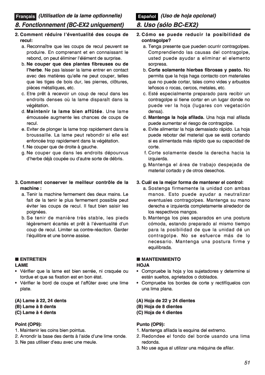 RedMax EXZ2401S-PH manual Fonctionnement BC-EX2 uniquement, Uso sólo BC-EX2, Utilisation de la lame optionnelle, Français 