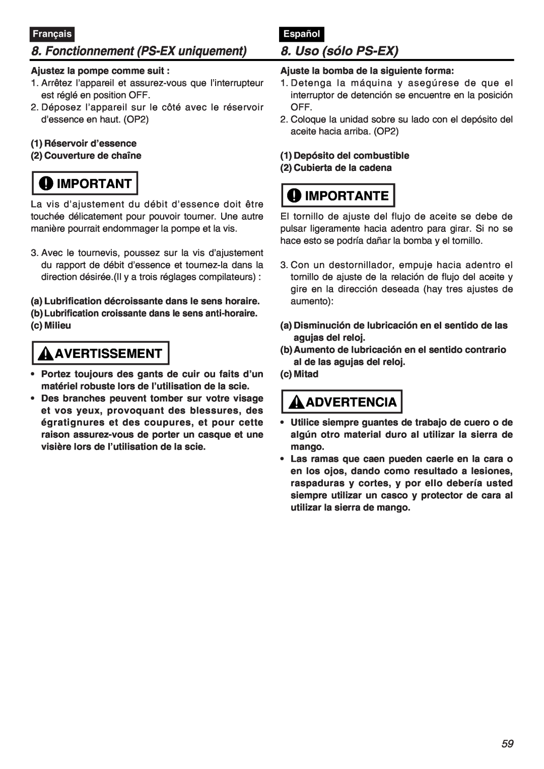 RedMax EXZ2401S-PH manual Fonctionnement PS-EX uniquement, Uso sólo PS-EX, Avertissement, Importante, Advertencia, Français 