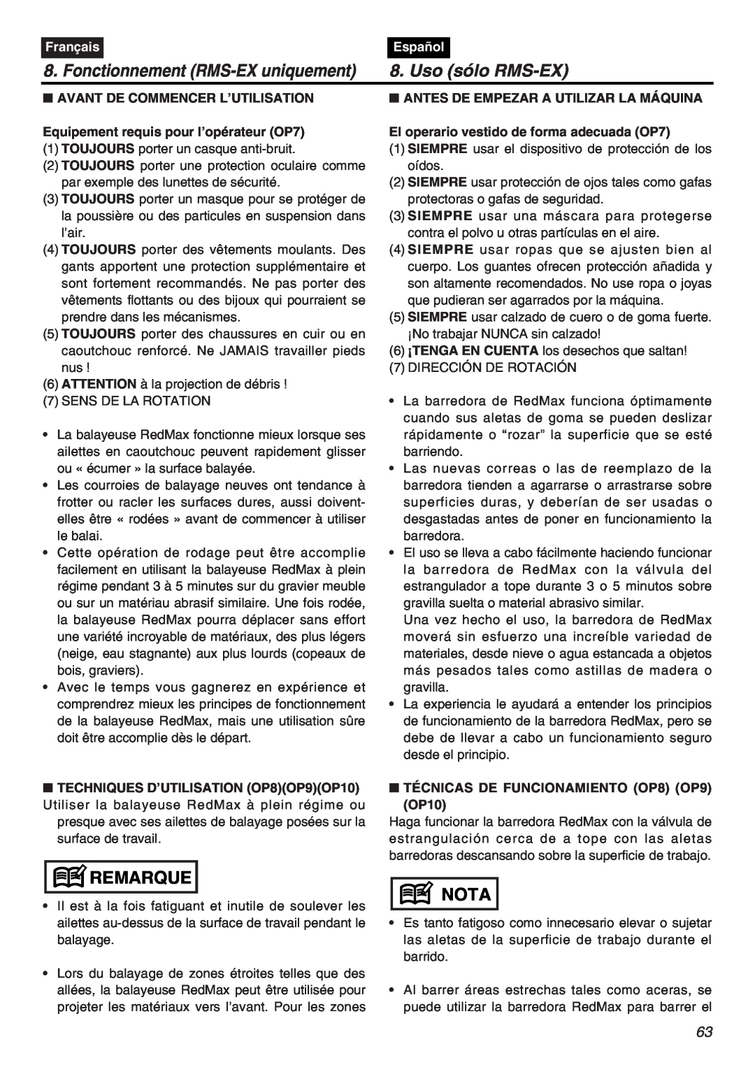 RedMax EXZ2401S-PH-CA manual Fonctionnement RMS-EX uniquement, Uso sólo RMS-EX, Remarque, Nota, Français, Español 
