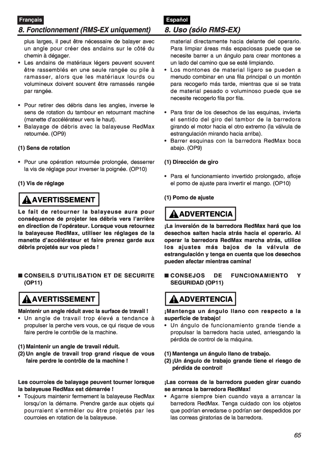 RedMax EXZ2401S-PH manual Fonctionnement RMS-EX uniquement, Uso sólo RMS-EX, Avertissement, Advertencia, Français, Español 