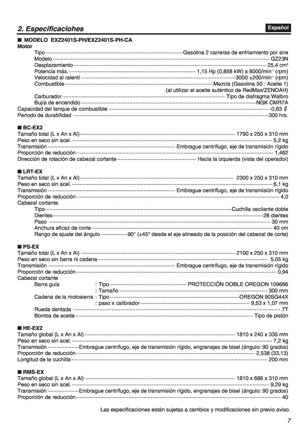 RedMax EXZ2401S-PH-CA manual Especificaciohes, Español, Cabezal cortante, Barra guía 