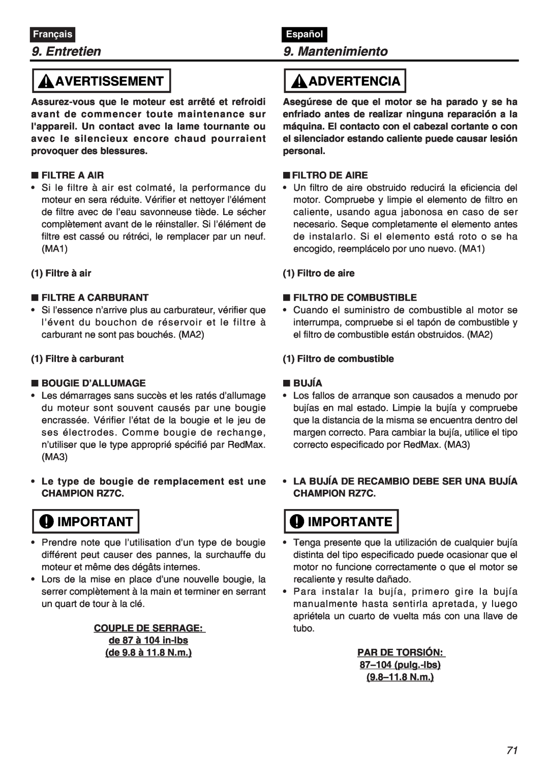 RedMax EXZ2401S-PH-CA manual Mantenimiento, Entretien, Avertissement, Advertencia, Importante, Français, Español 