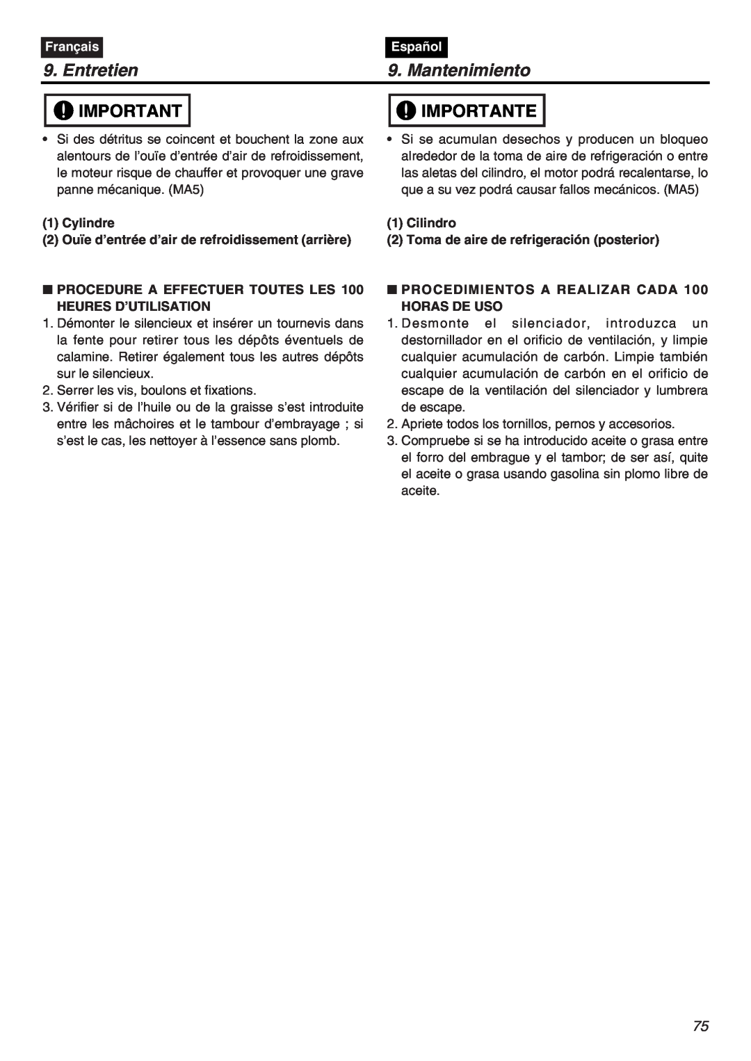 RedMax EXZ2401S-PH-CA manual Entretien, Mantenimiento, Importante, Français, Español 